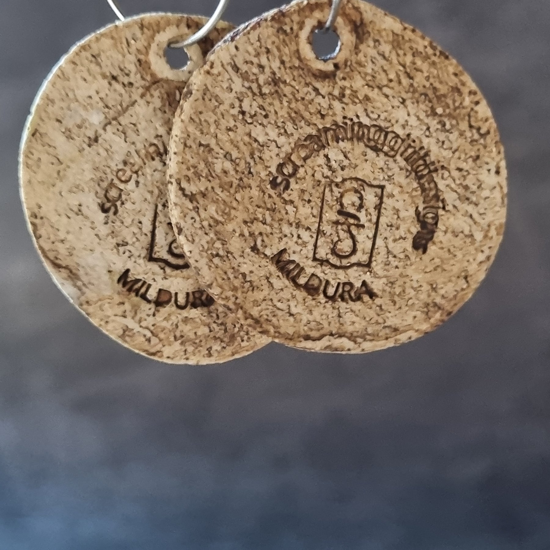 Handmade Stoneware Ceramic Earrings, muted green lattice multi-coloured, 35mm diameter, pierced ears