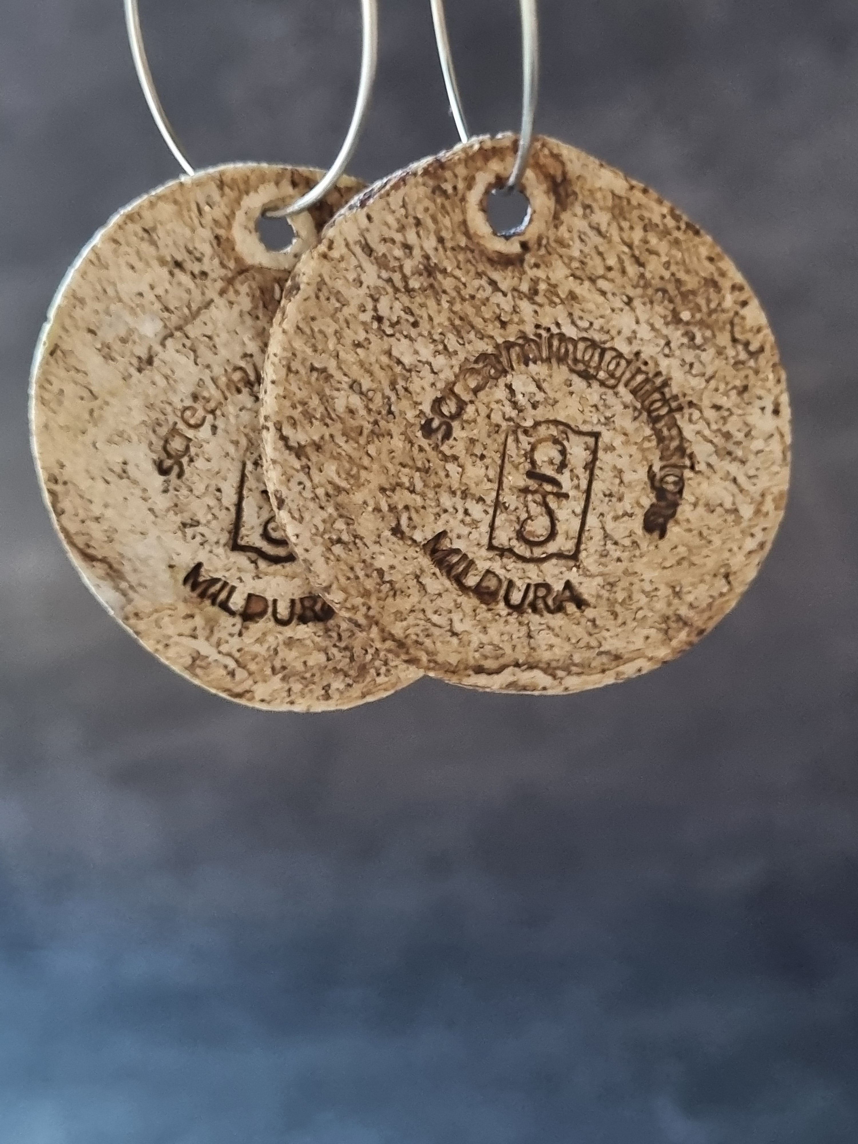 Handmade Stoneware Ceramic Earrings, muted green lattice multi-coloured, 35mm diameter, pierced ears