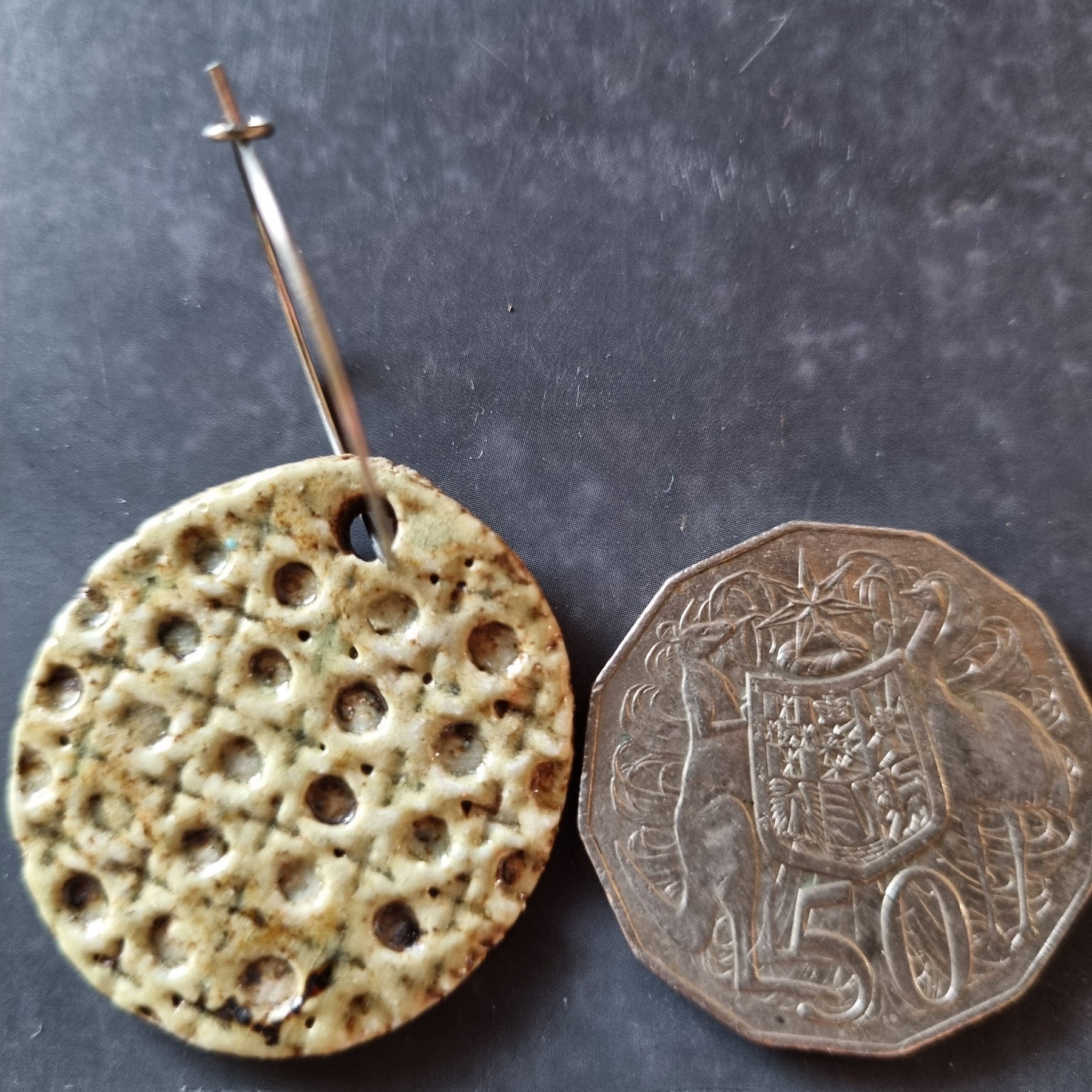 Handmade Stoneware Ceramic Earrings, muted green lattice multi-coloured, 35mm diameter, pierced ears