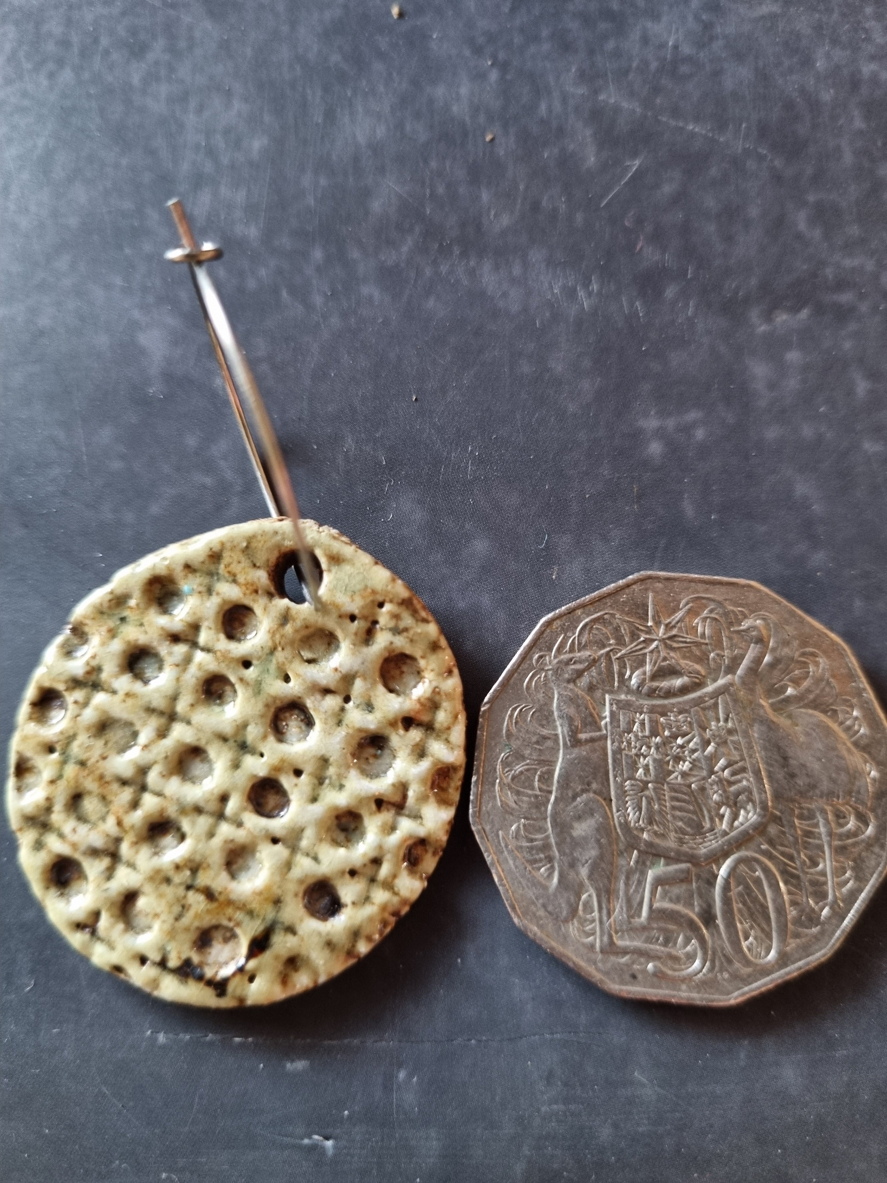 Handmade Stoneware Ceramic Earrings, muted green lattice multi-coloured, 35mm diameter, pierced ears