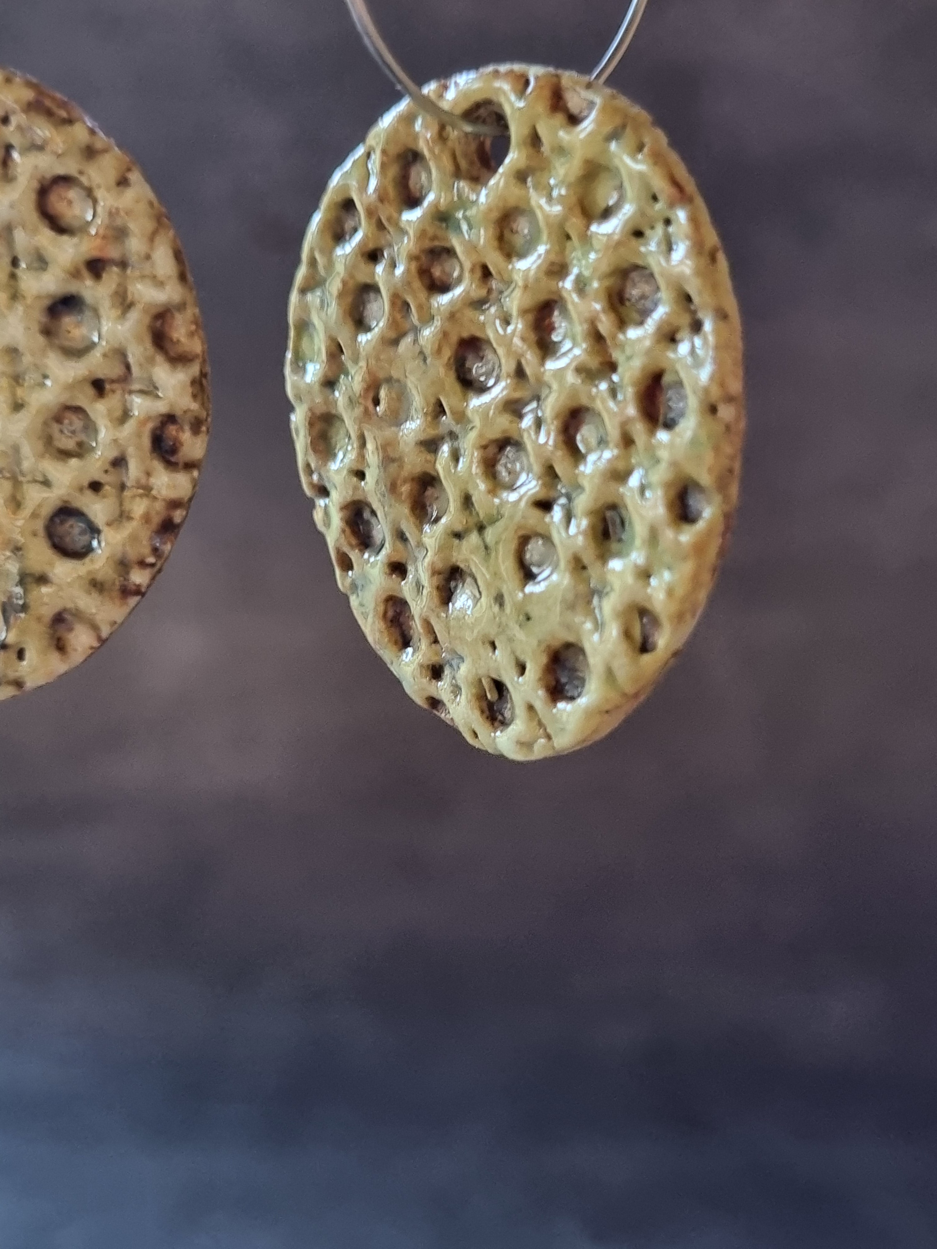 Handmade Stoneware Ceramic Earrings, muted green lattice multi-coloured, 35mm diameter, pierced ears