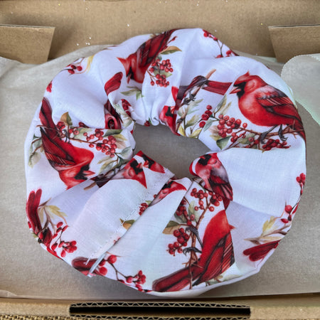 Artisan Handmade Scrunchie in Cardinal Bird Fabric