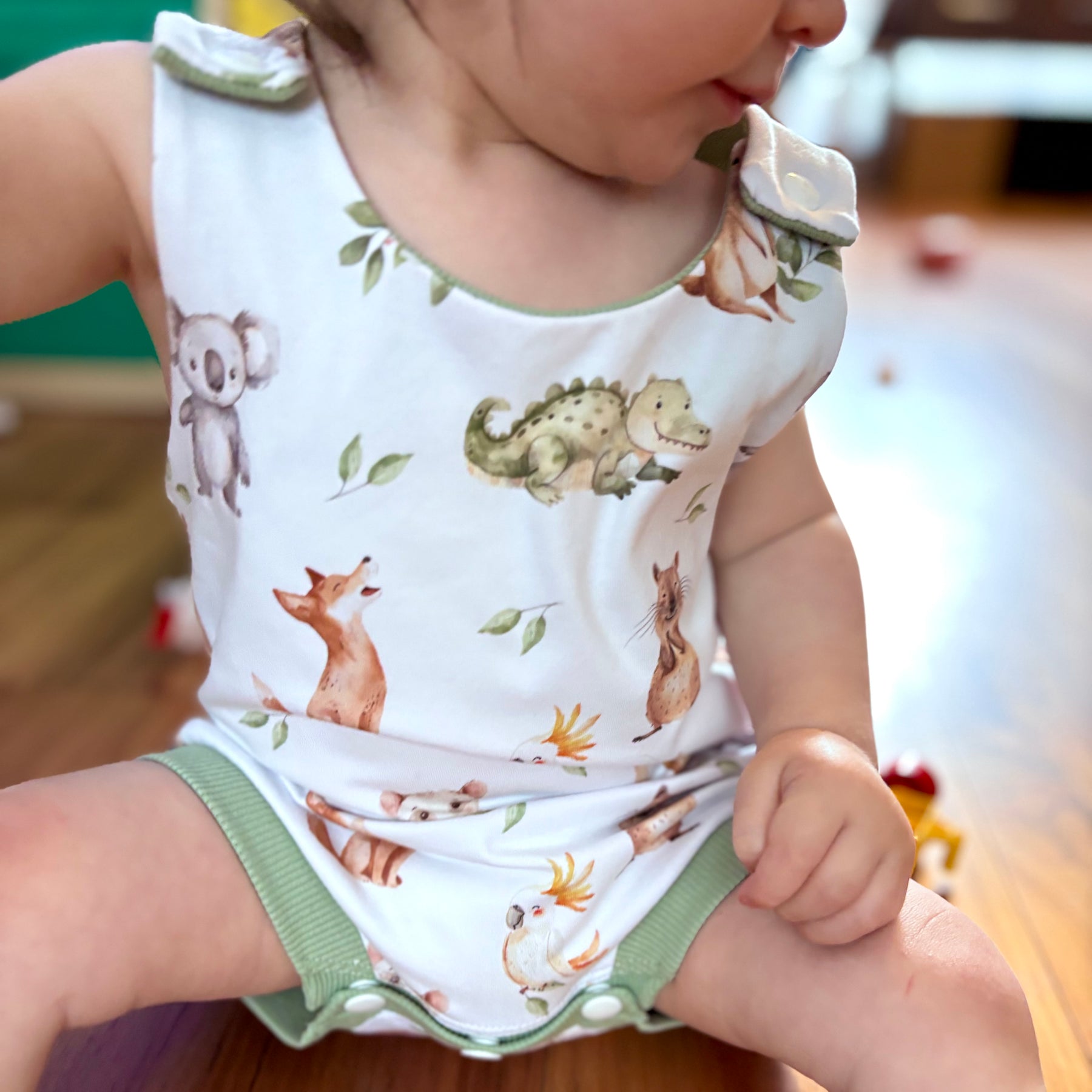 Baby Summer Romper | Green Australian Animals | Size newborn to 2 | Made to Order