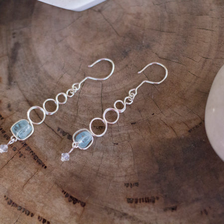 Natural Aquamarine Gemstone Silver Looped Dangle Earrings