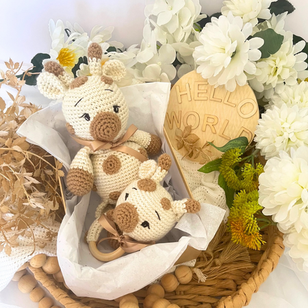 Handmade Crochet Giraffe Soft Toy & Grasping Toy Baby Gift Set