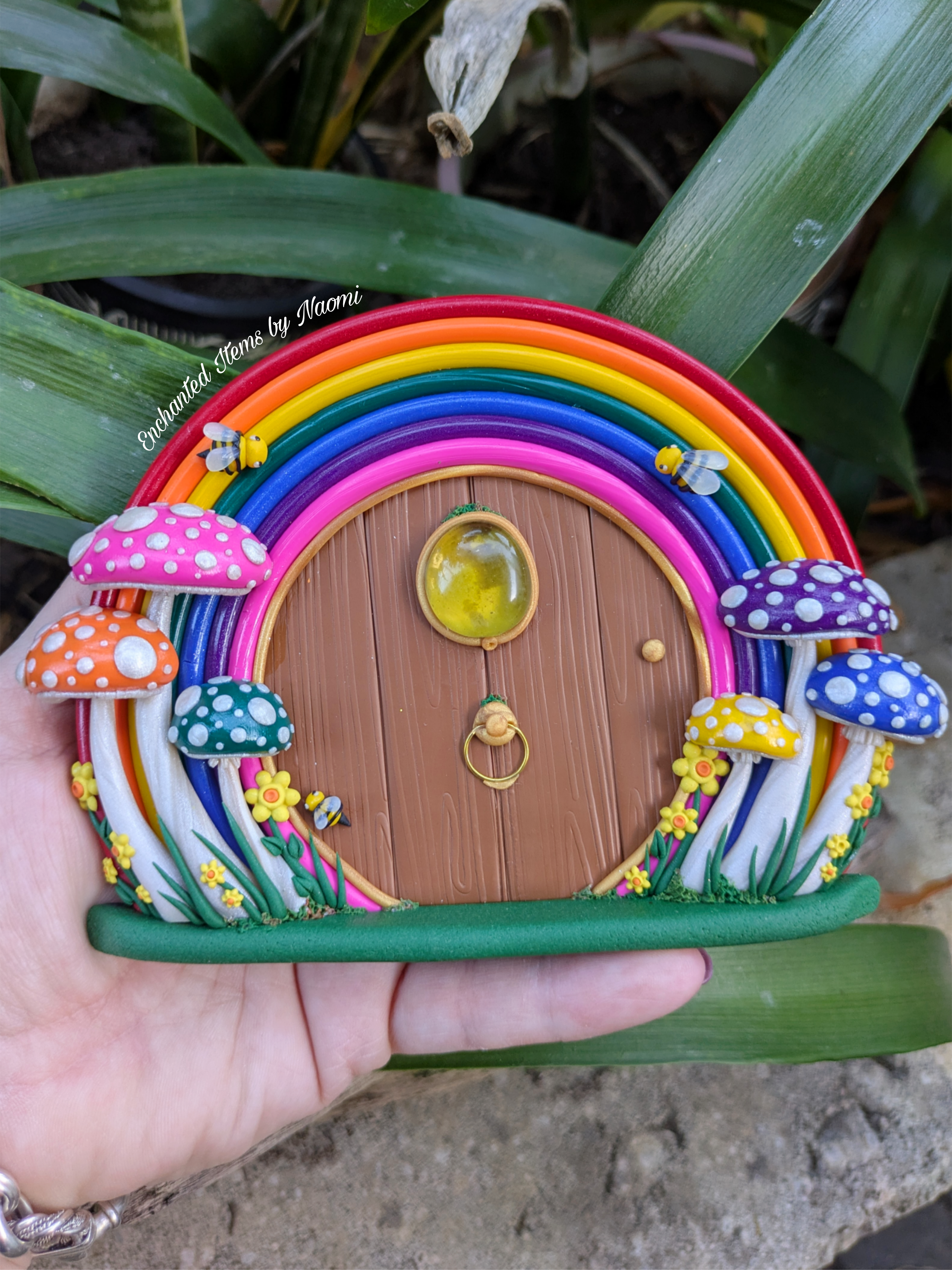 Hand-Sculpted Rainbow Fairy Door with Matching Mushrooms & Bumblebees