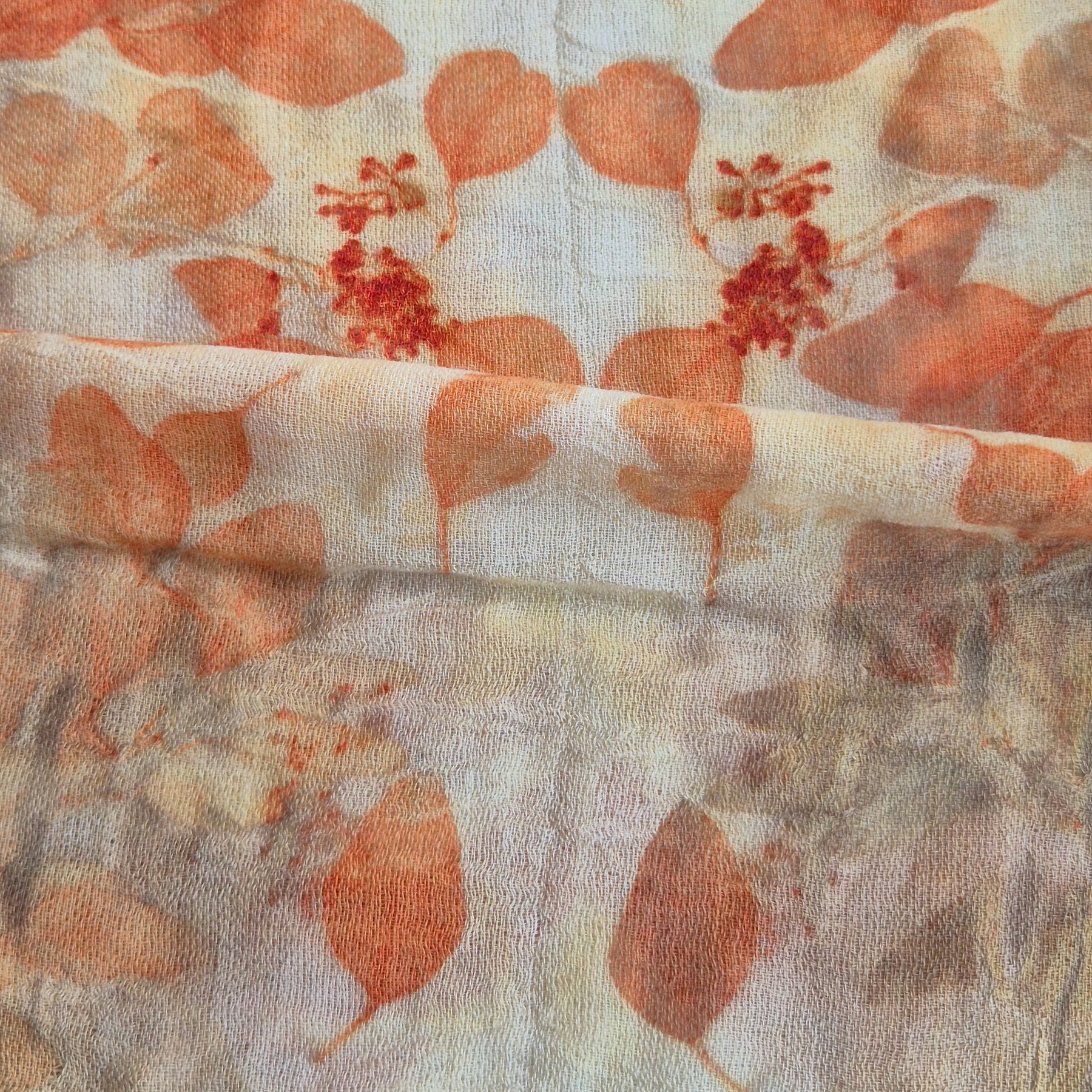 Pure wool luxury scarf ecoprinted eucalyptus