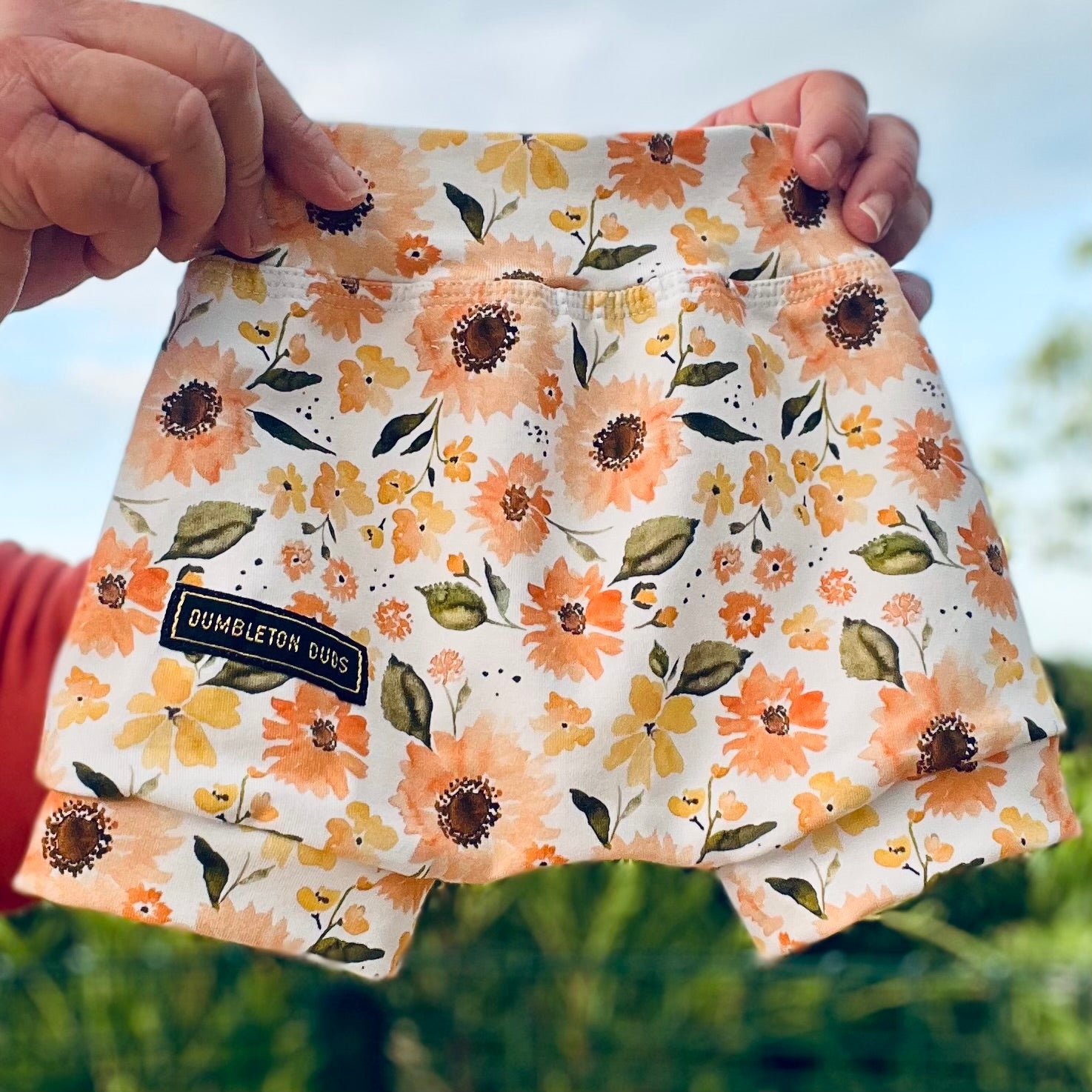 Sunflowers in Apricot | Sizes 000, 00, 0, 1 | Handmade Baby Pants by Dumbleton Duds | FREE Postage $50+