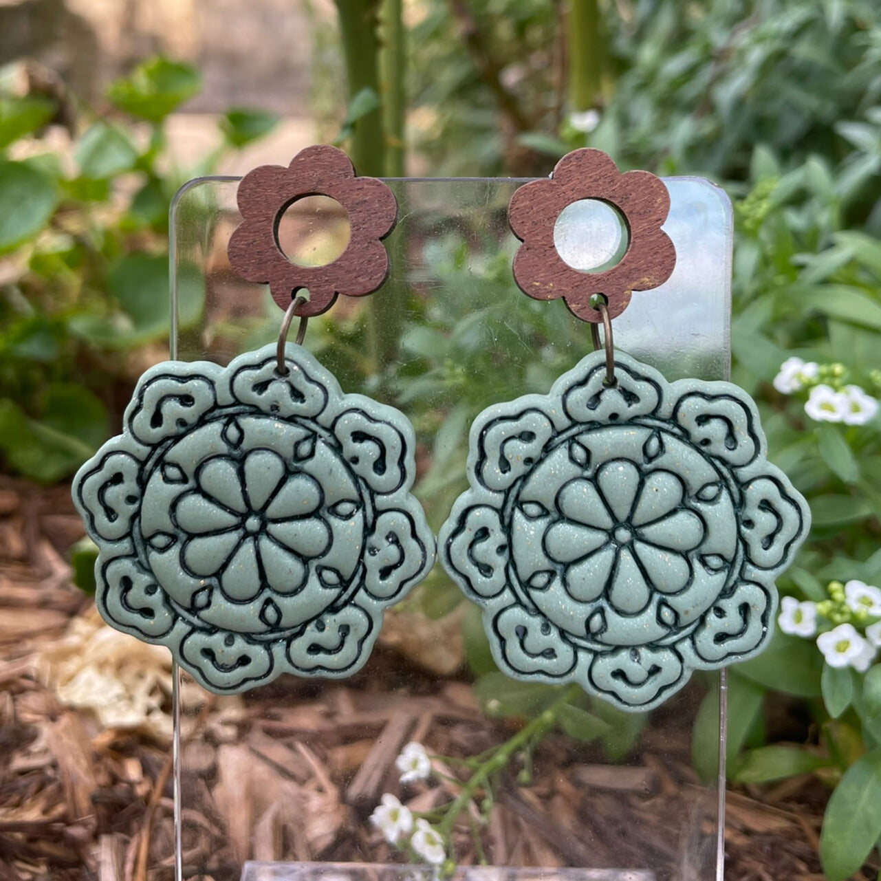 Sage green polymer clay and wood earrings