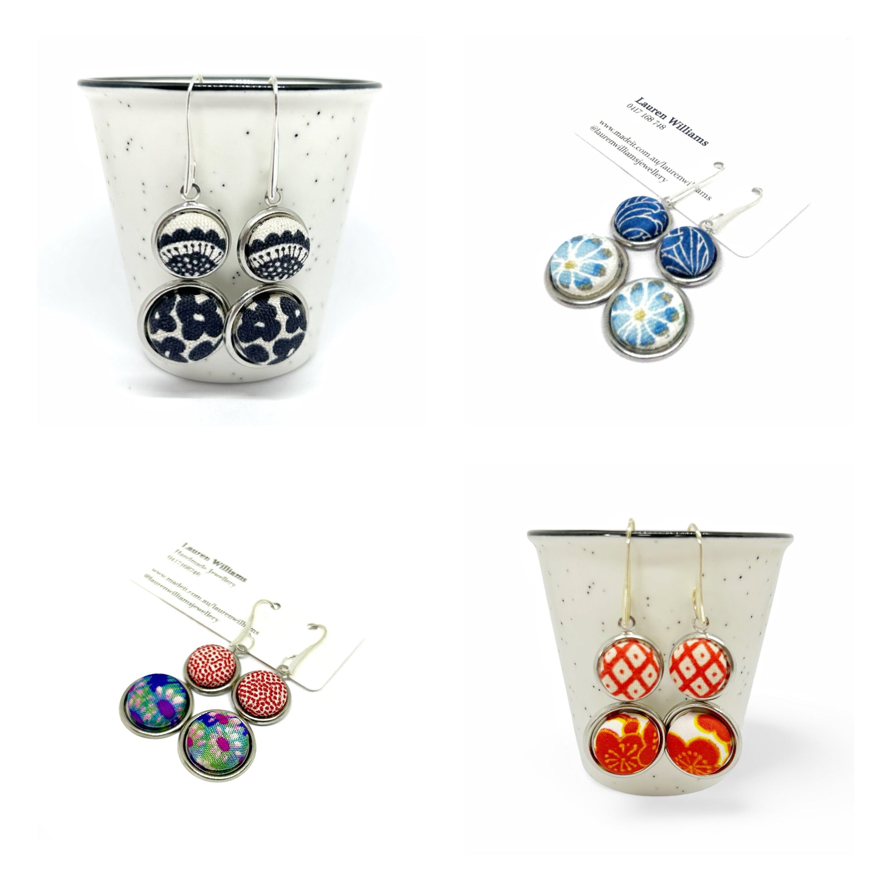 Double Drop Kimono Fabric Button Earrings