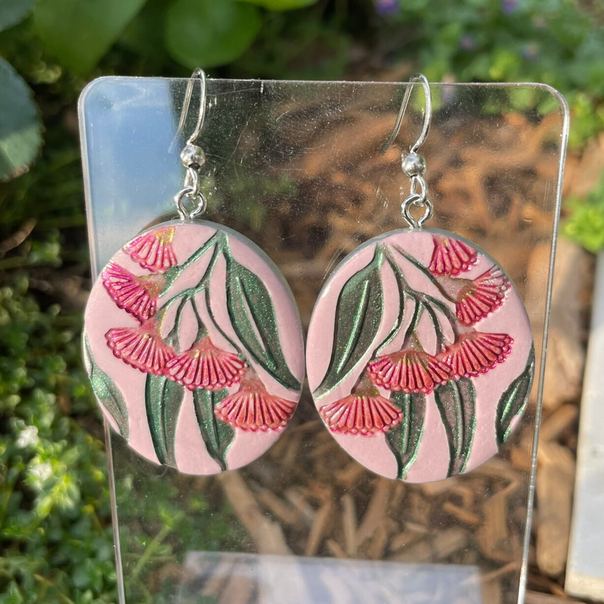 Gum leaves and flowers Australian pink and green hand painted polymer clay earrings