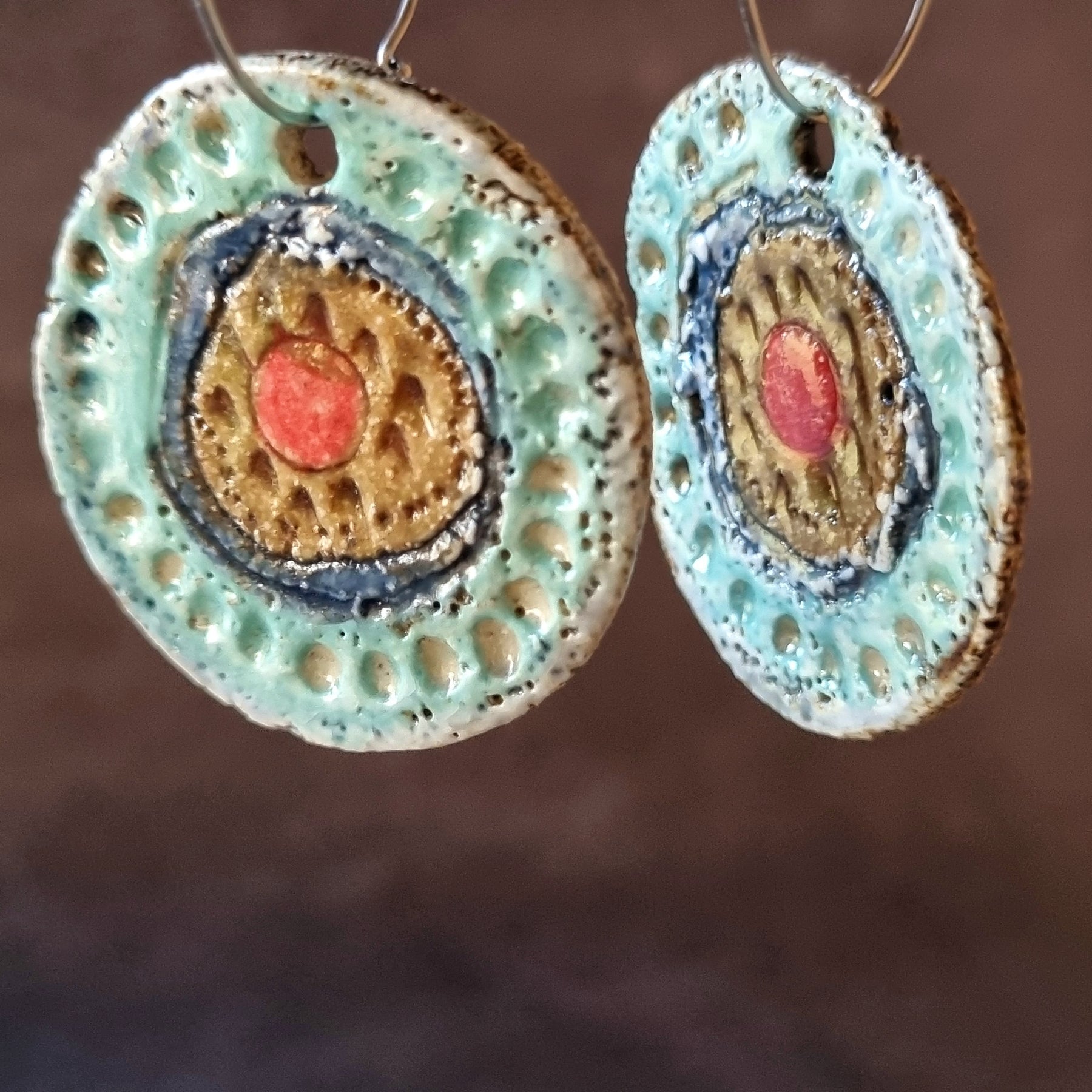 Handmade Stoneware Ceramic Earrings, turquoise-blue-mustard-coral multi-coloured, 35mm diameter, pierced ears