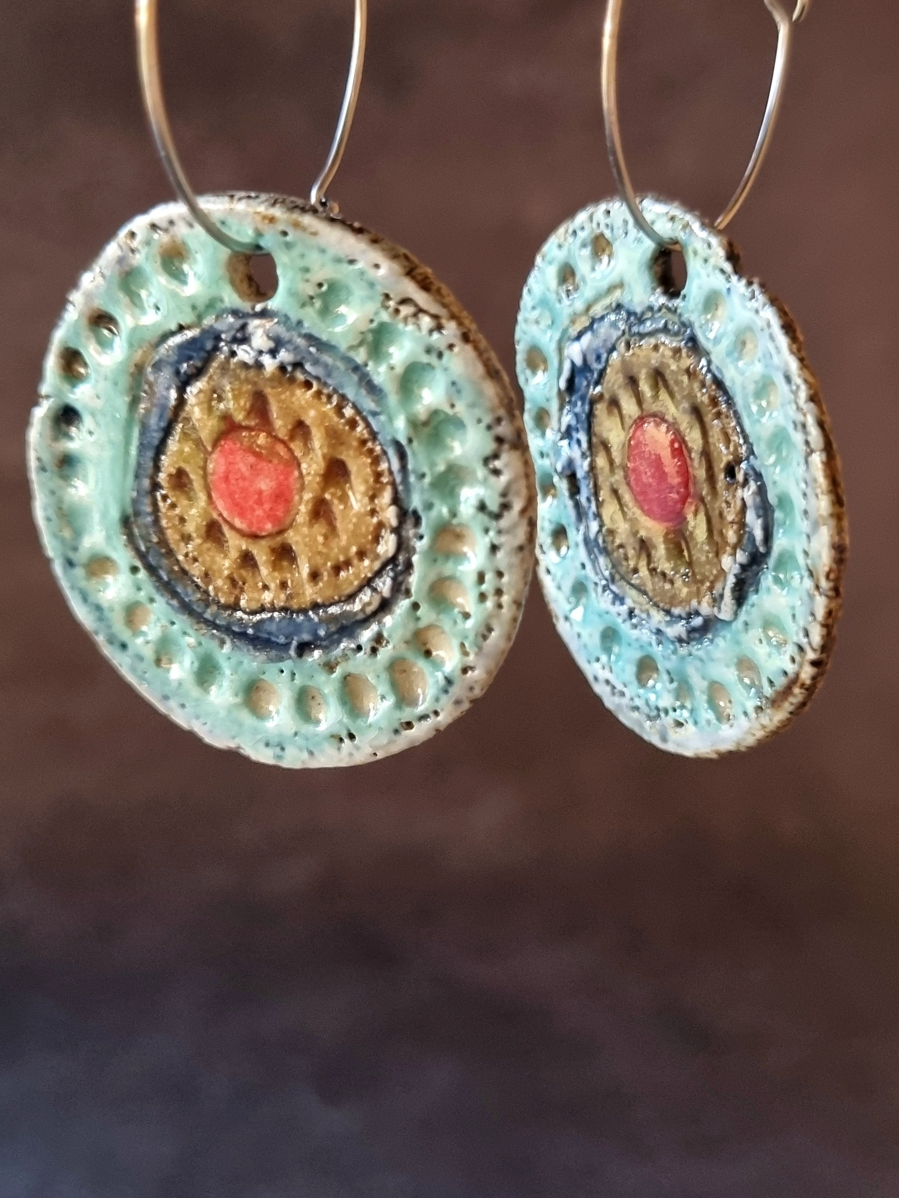 Handmade Stoneware Ceramic Earrings, turquoise-blue-mustard-coral multi-coloured, 35mm diameter, pierced ears