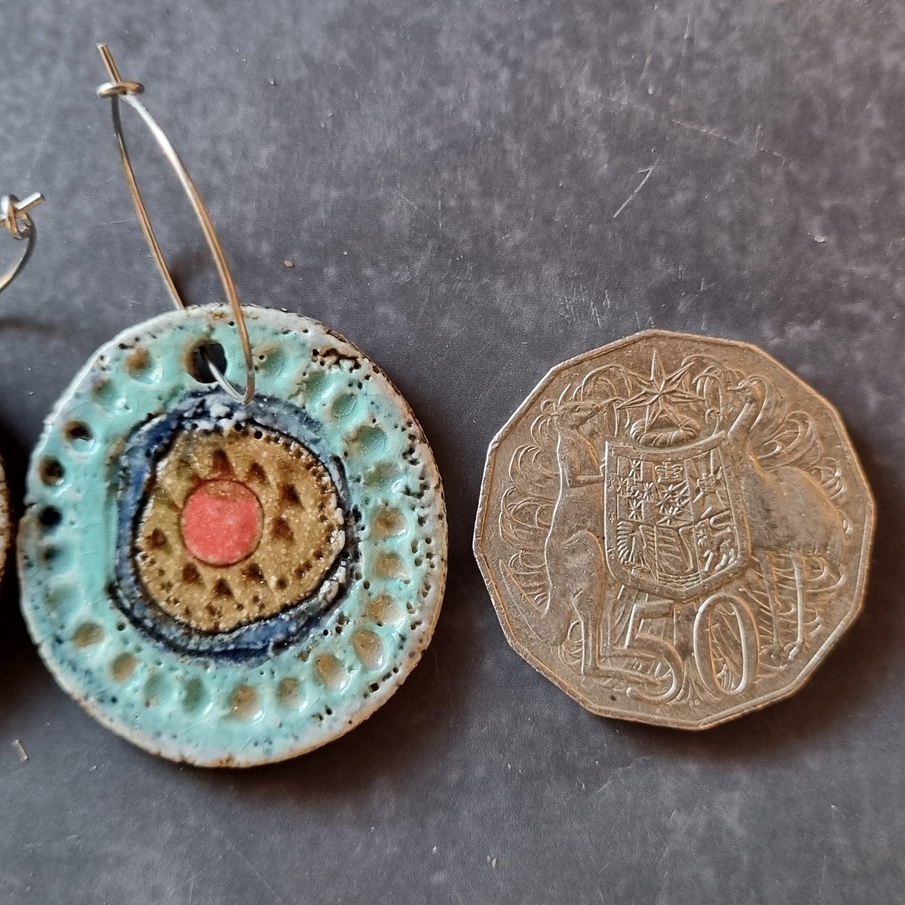 Handmade Stoneware Ceramic Earrings, turquoise-blue-mustard-coral multi-coloured, 35mm diameter, pierced ears
