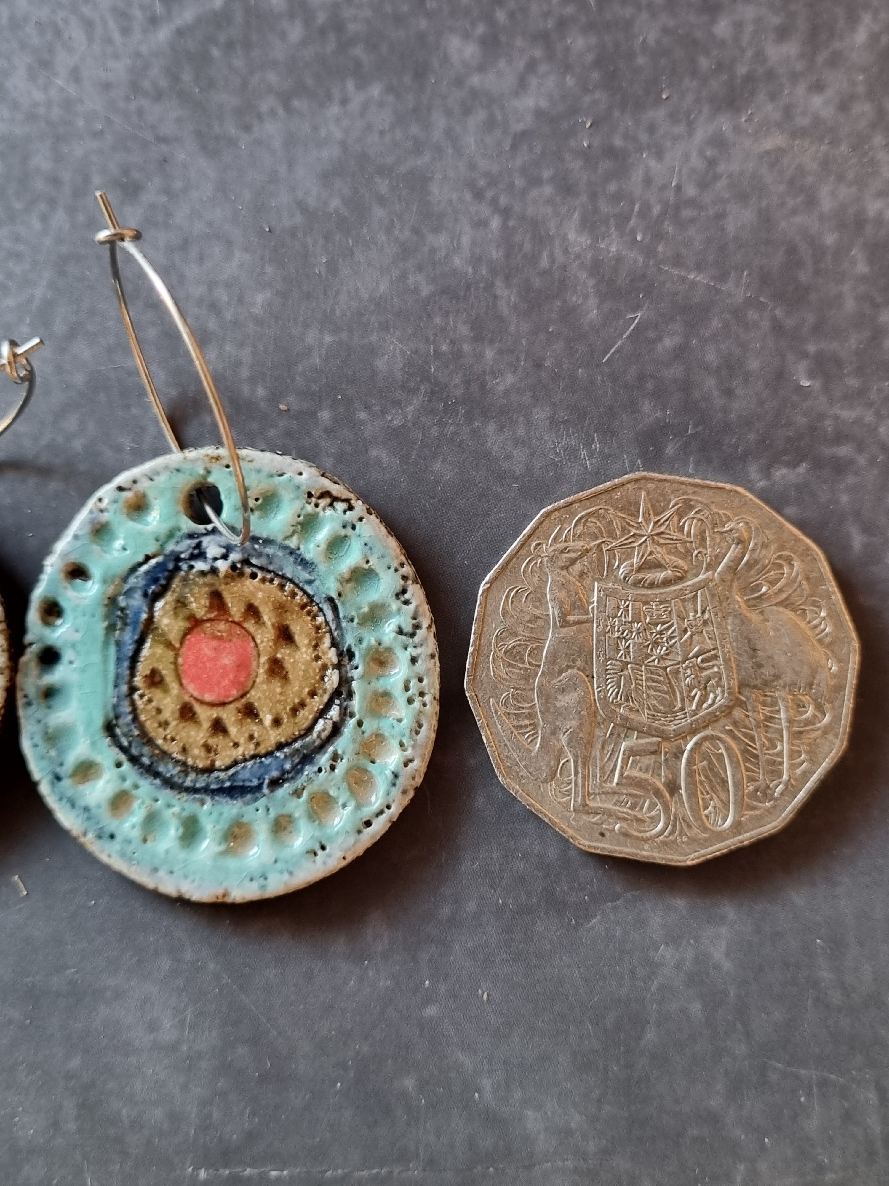 Handmade Stoneware Ceramic Earrings, turquoise-blue-mustard-coral multi-coloured, 35mm diameter, pierced ears