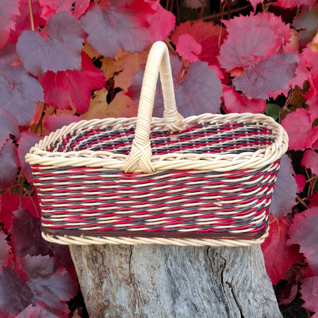 Large Rectangular black red and natural basket.