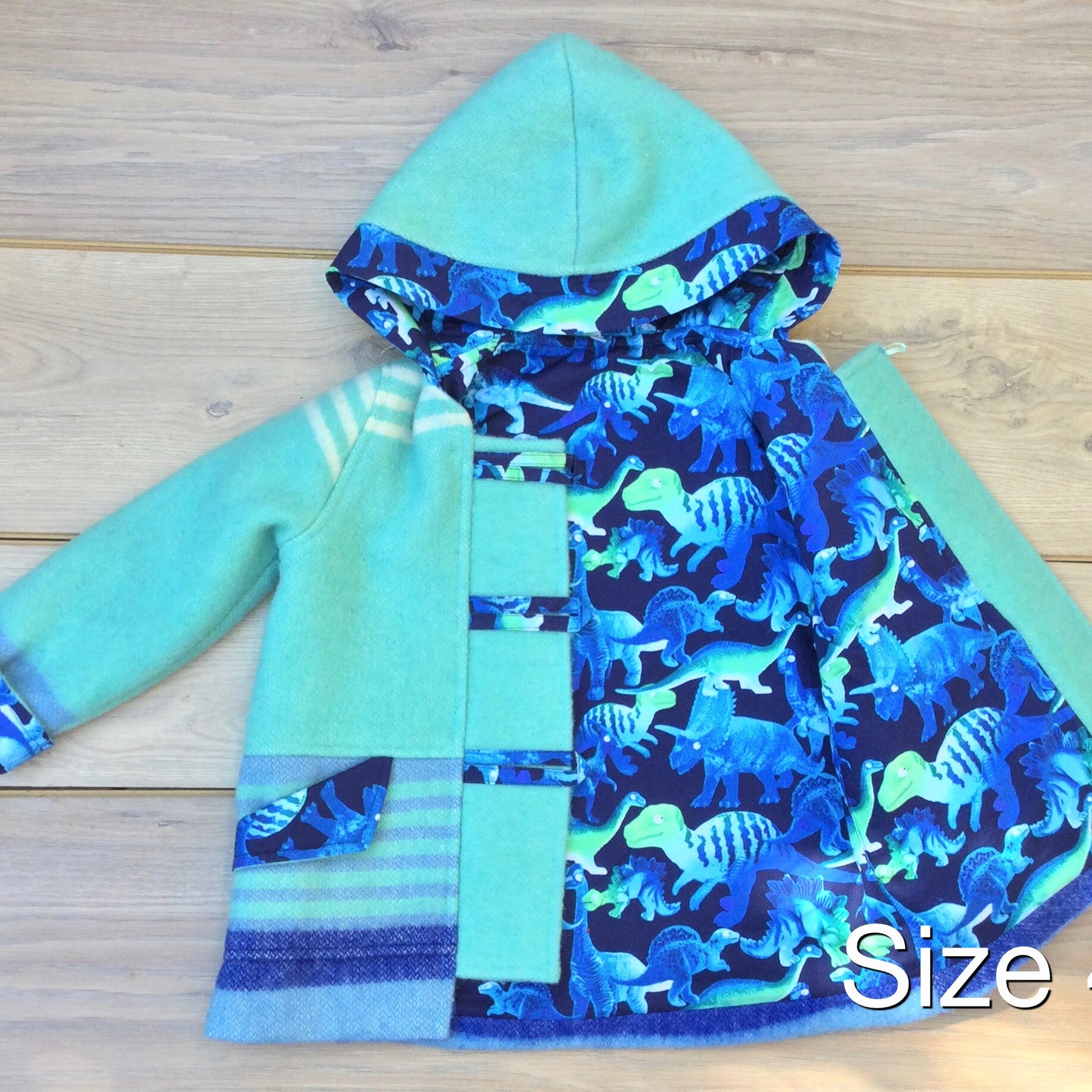 Dinosaur lined Upcycled Wool Blanket Duffle Coat