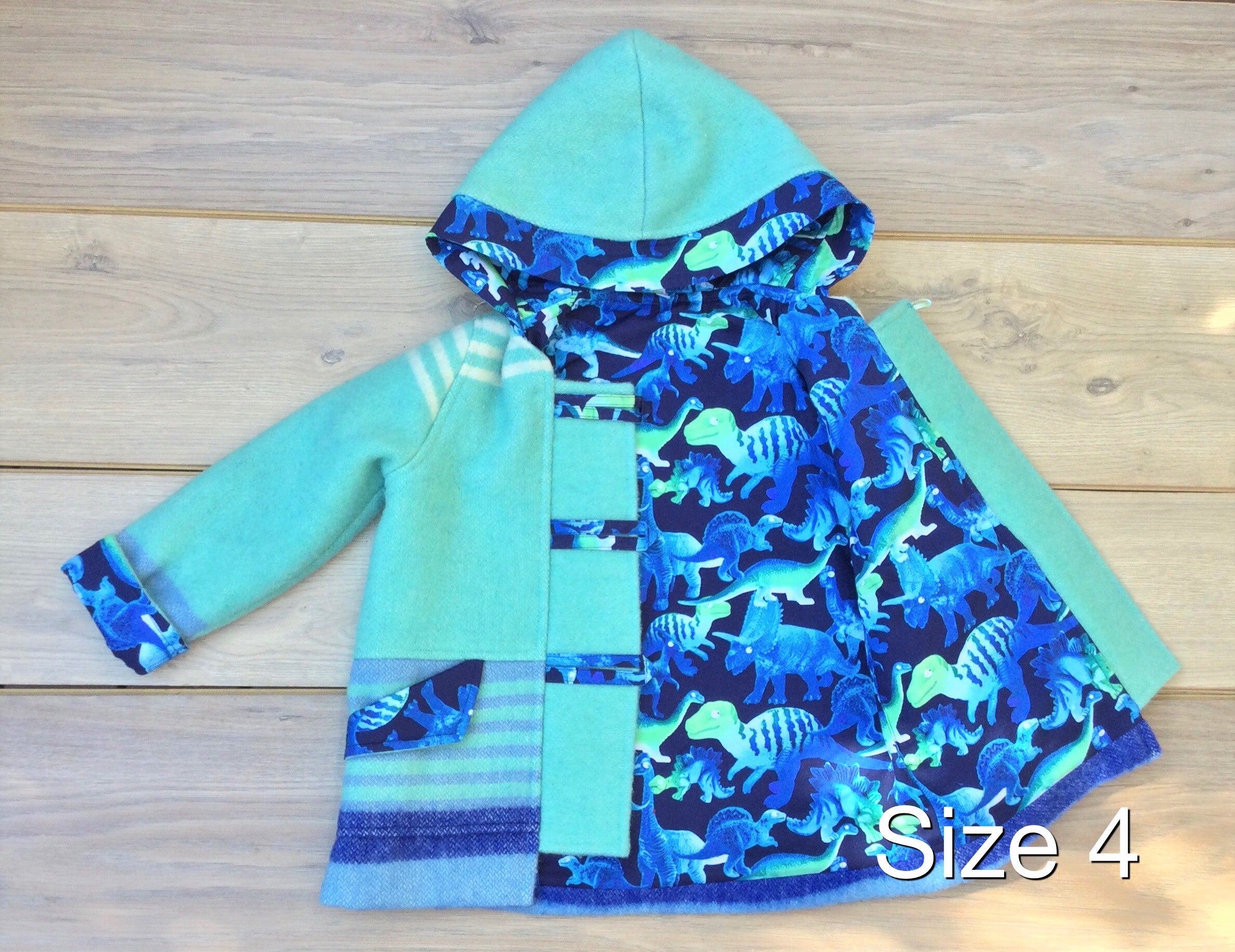 Dinosaur lined Upcycled Wool Blanket Duffle Coat