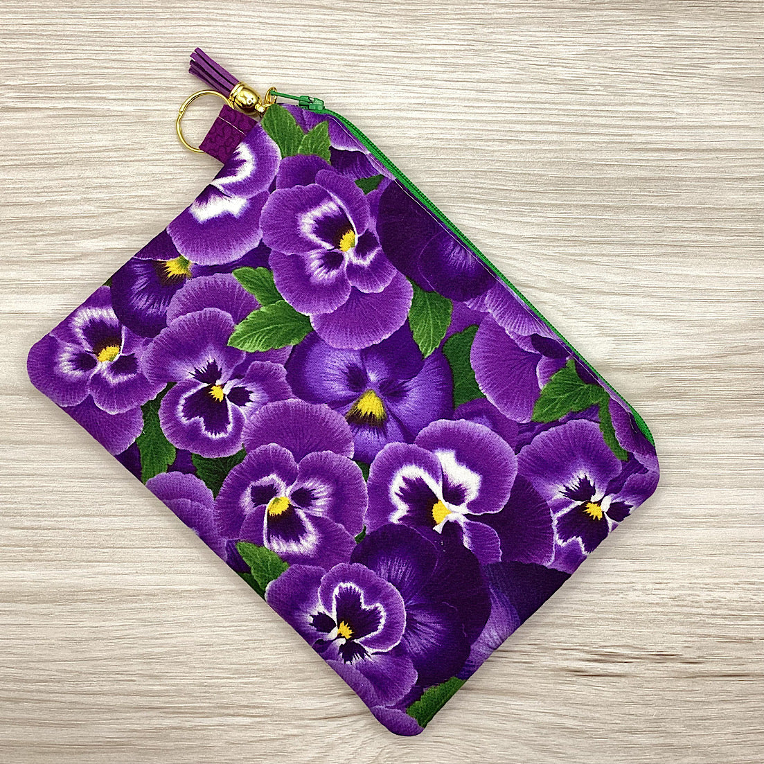 Purple Pansies Zip Pouch (21cm x 16cm) Fully lined, lightly padded