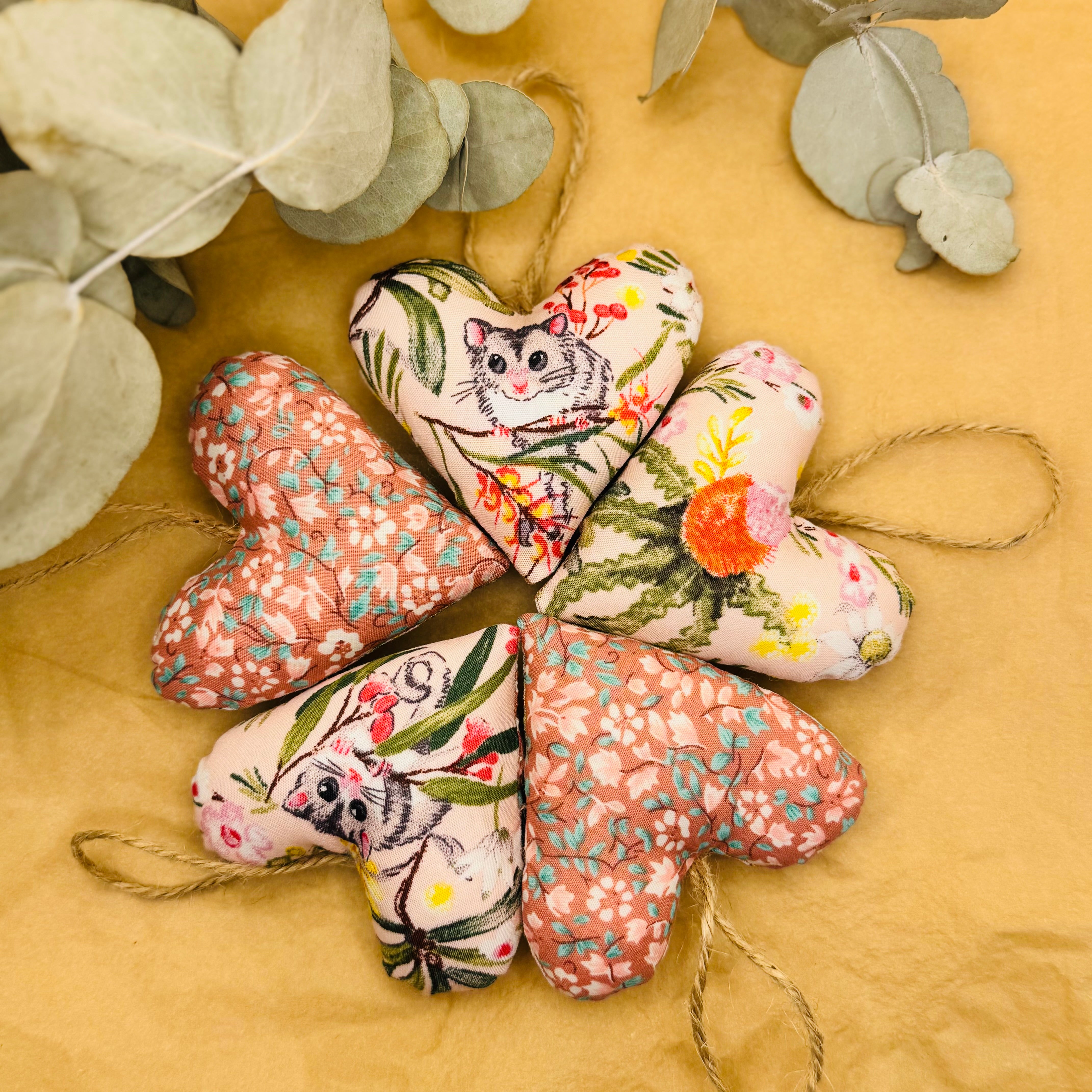 Handmade Pink possum/banksia Hearts