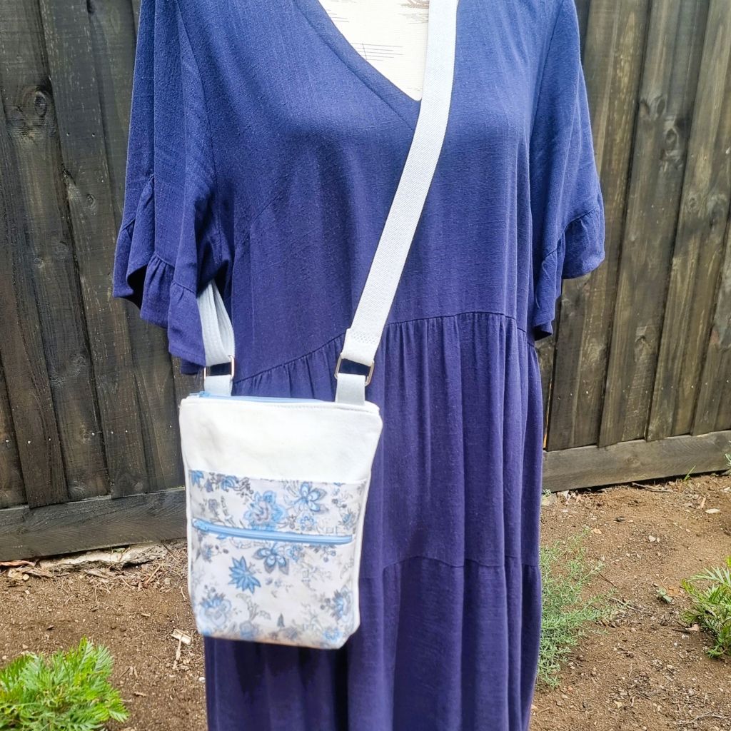 Upcycled small zip crossbody bag - Pale blue denim & abstract floral