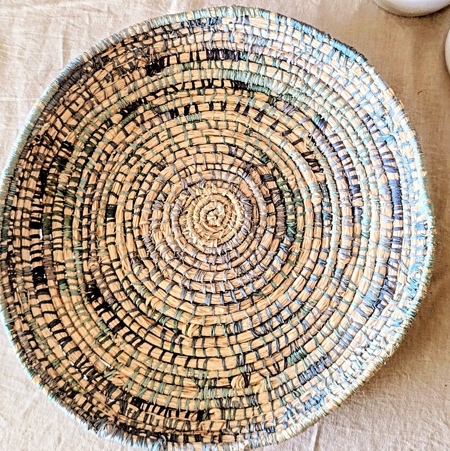 Basket in Blues & Natural  | Wall or Table | Coiled Basketry Sustainable Palm Raffia