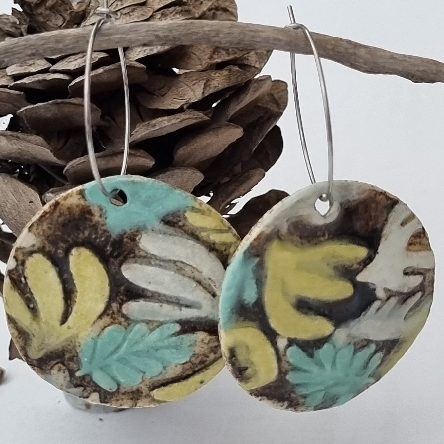 Handmade Stoneware Ceramic Earrings, chartreuse-green-black-white multi-coloured, 35mm diameter, pierced ears
