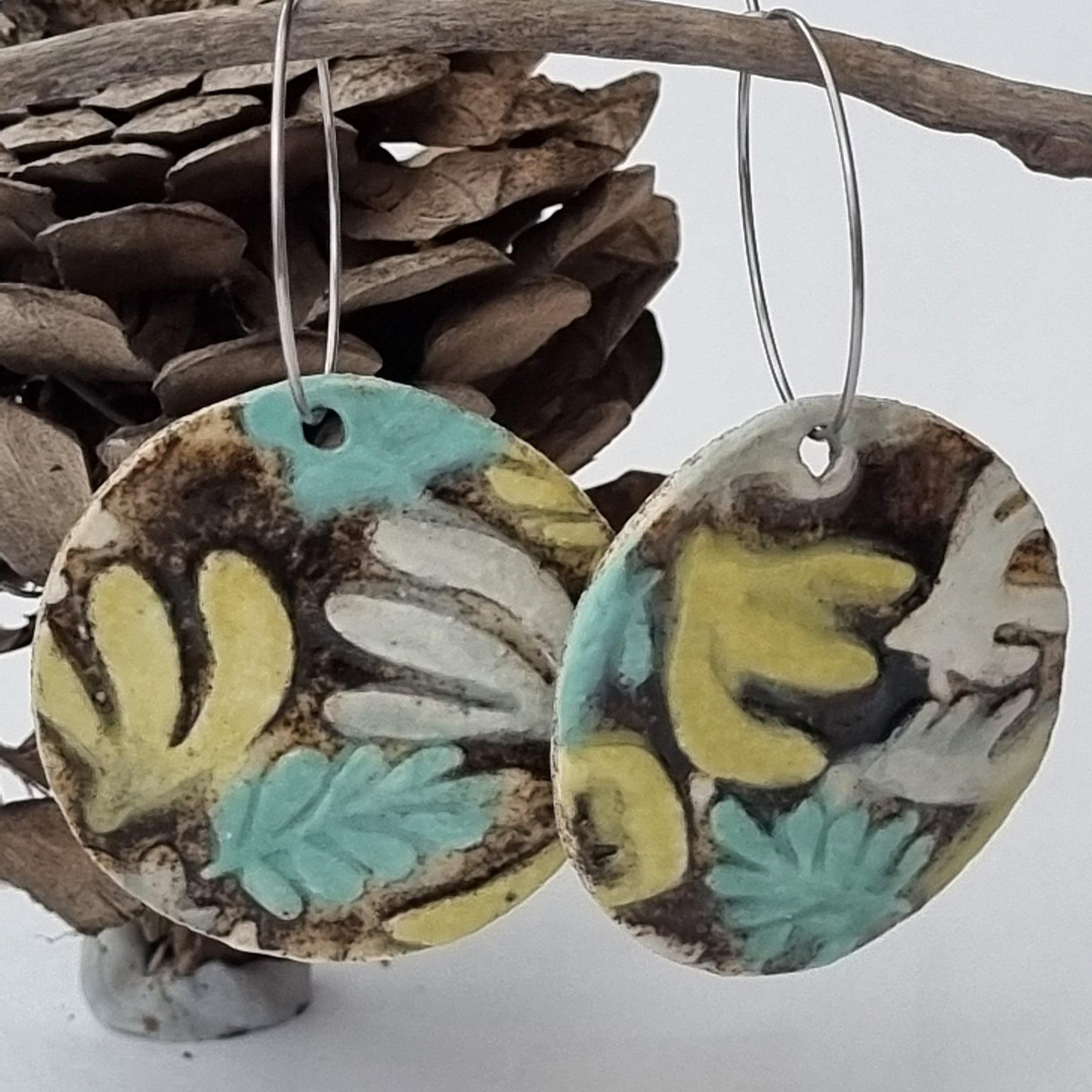 Handmade Stoneware Ceramic Earrings, chartreuse-green-black-white multi-coloured, 35mm diameter, pierced ears