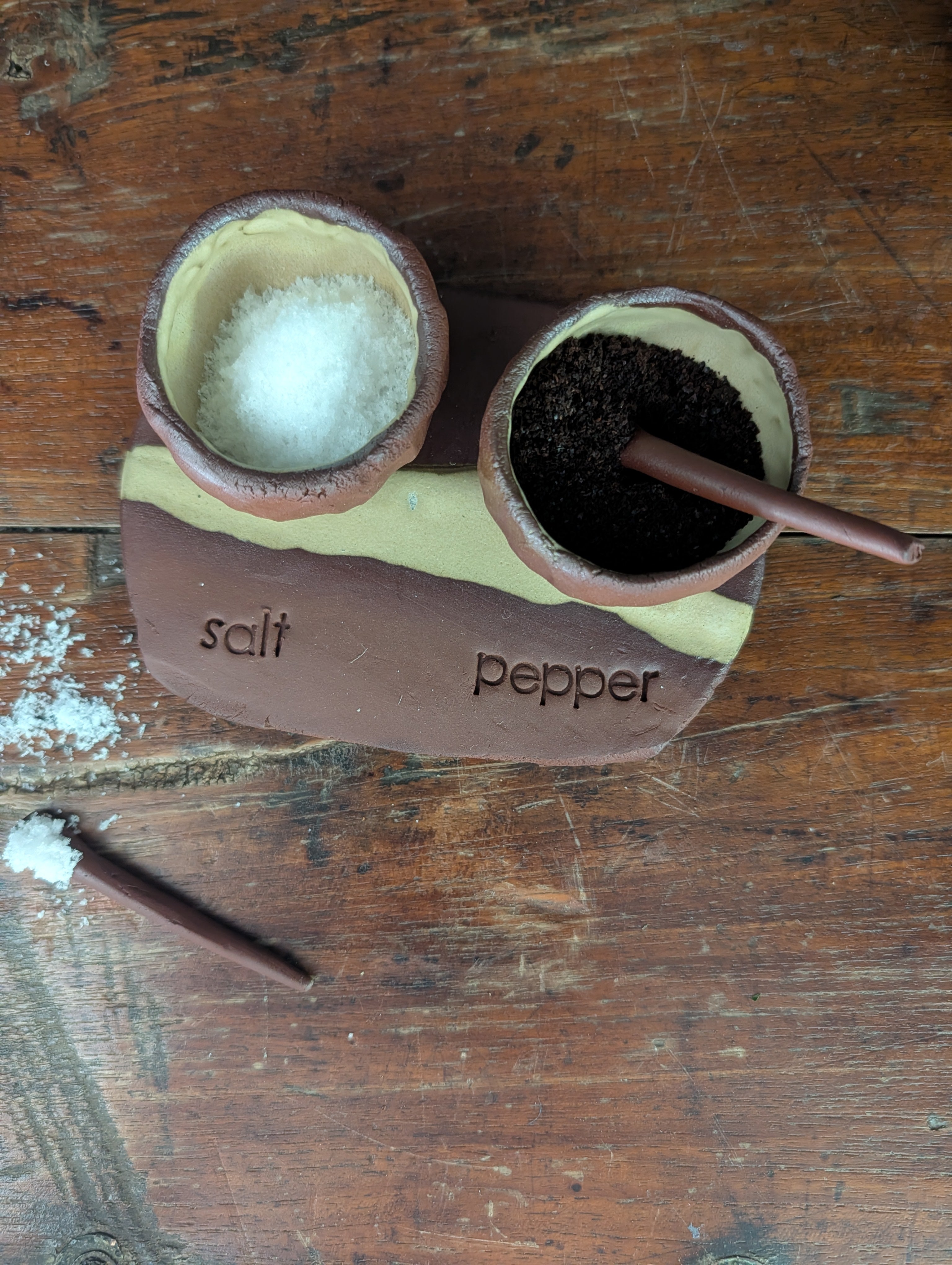 Hand-built Ceramic Salt & Pepper Pots with Tray and Spoons - Rustic Earthy Kitchen Set