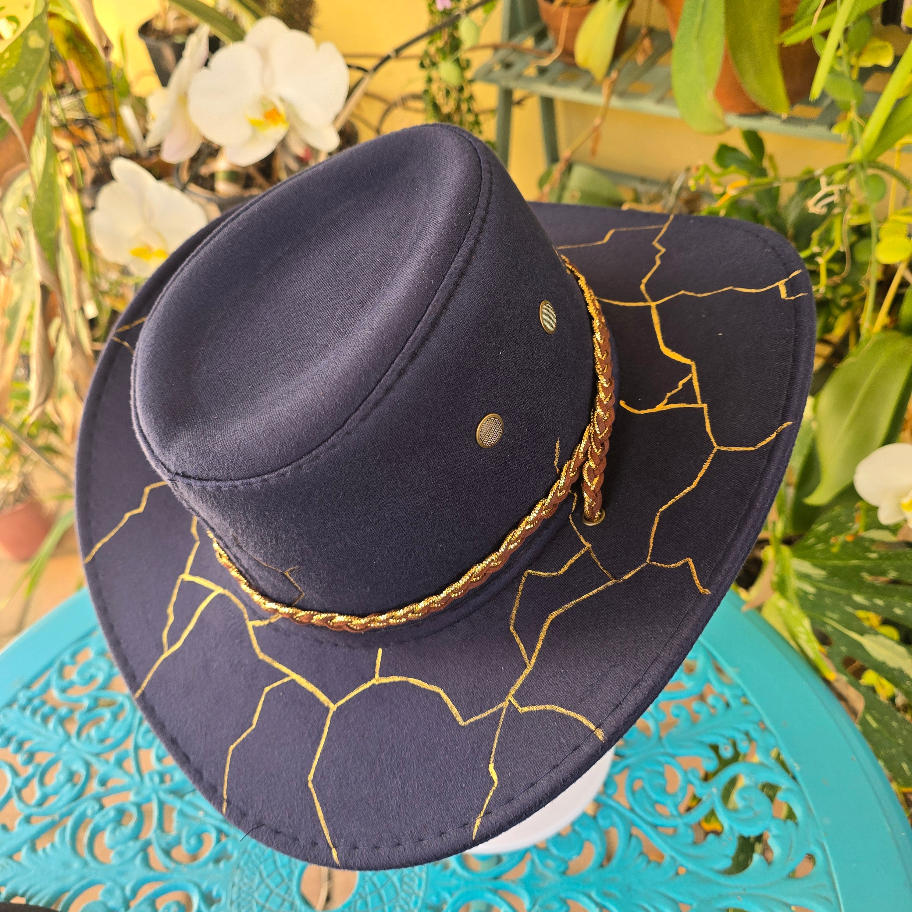 Handburnt and painted fedora hat - cracking stone