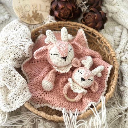 Crochet Fawn Snuggler And Fawn Grasping Toy Baby Gift Set