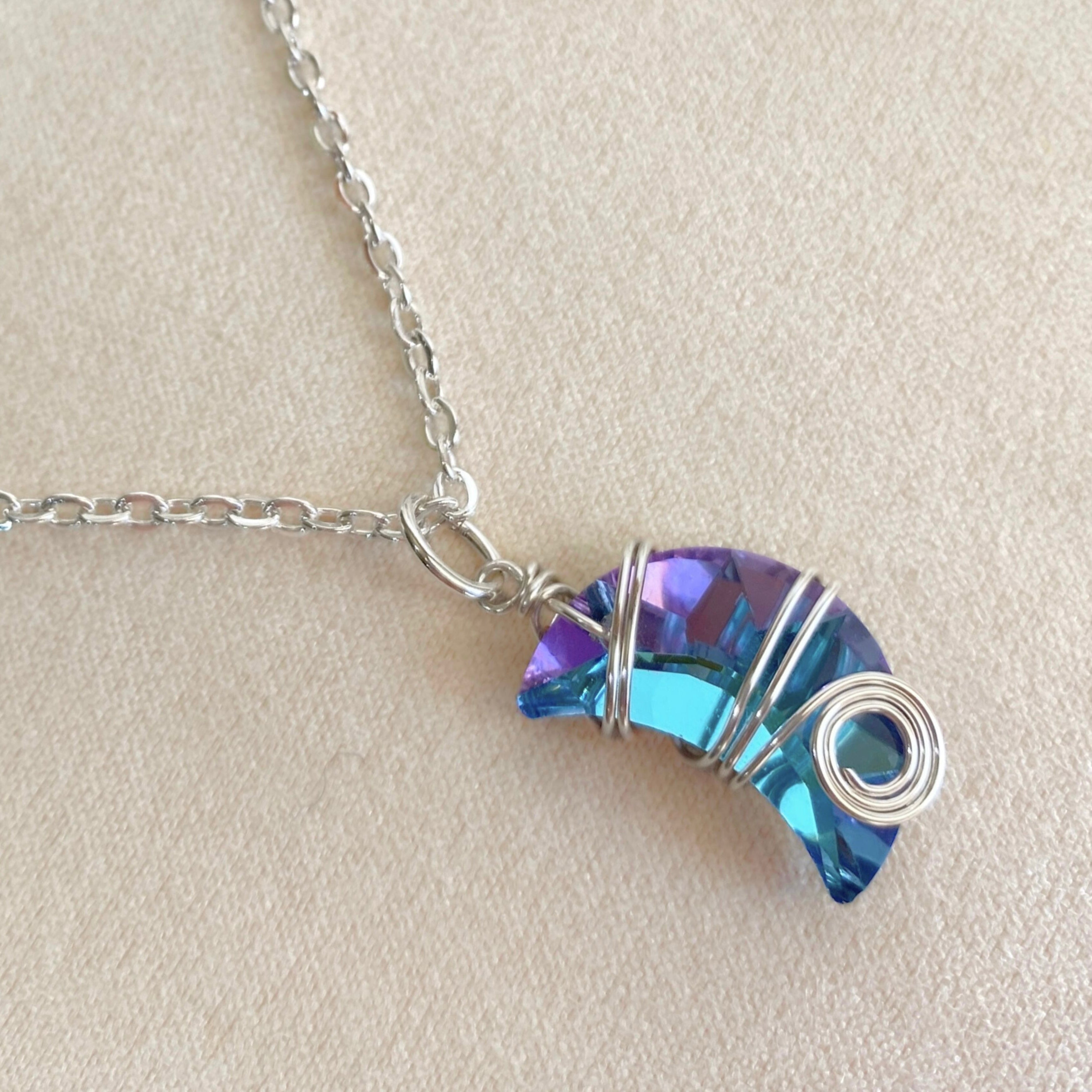 Crescent moon crystal pendant | Wire-wrapped | Silver chain necklace | Whimsical Mythical style