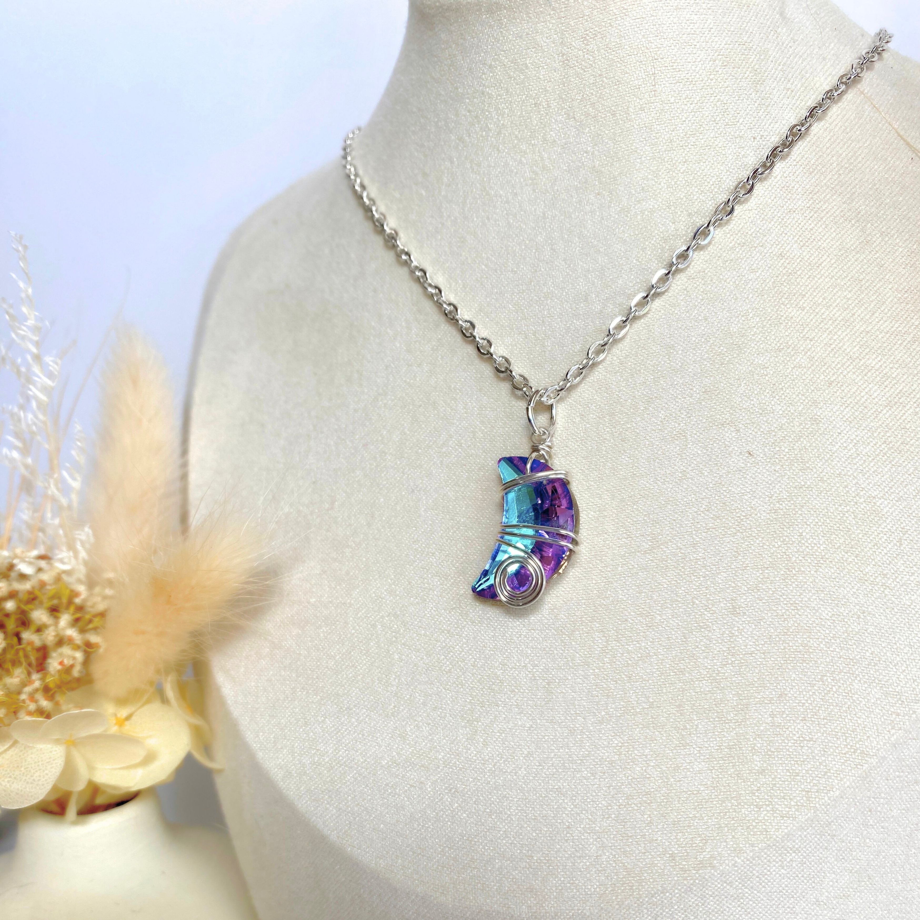 Crescent moon crystal pendant | Wire-wrapped | Silver chain necklace | Whimsical Mythical style