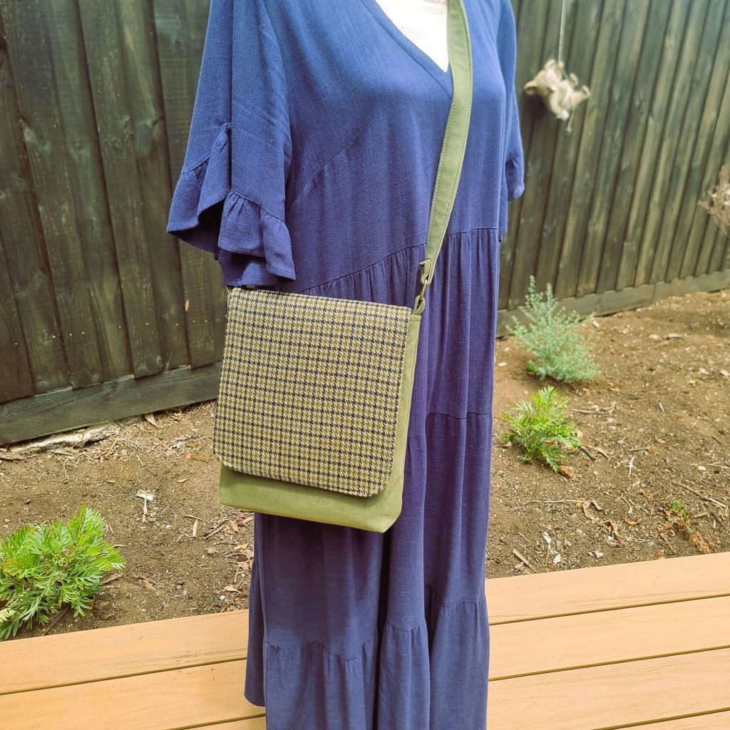 Upcycled crossbody messenger bag - olive green suede & tweed