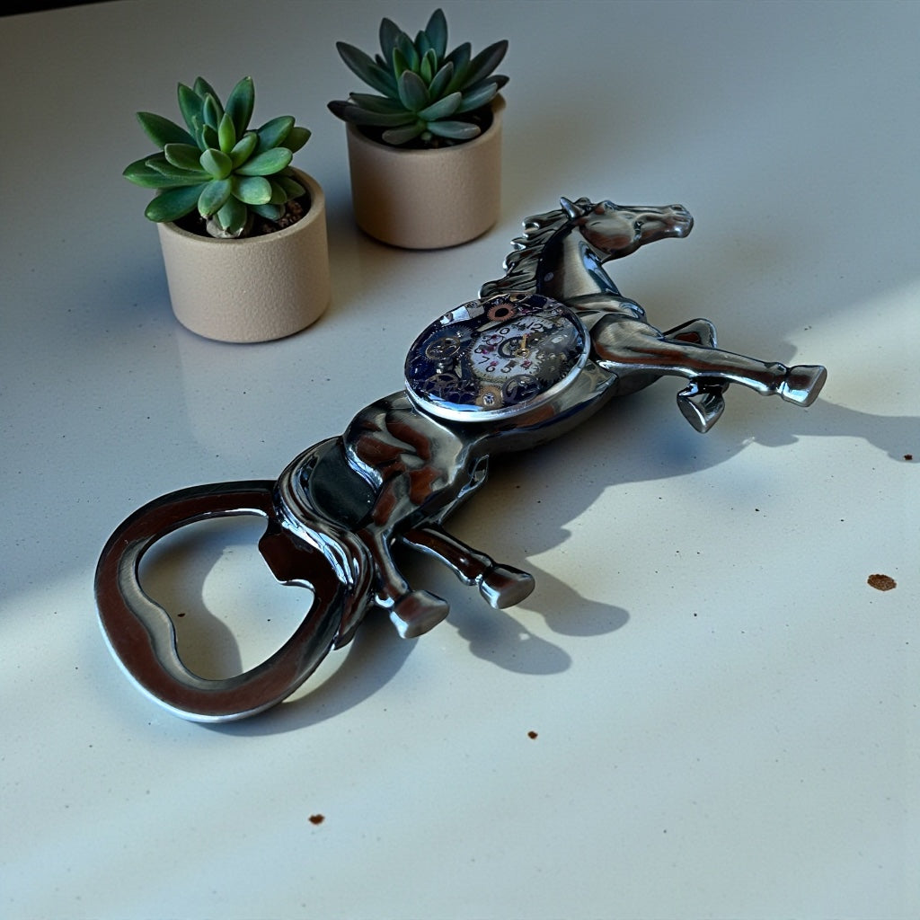 Steampunk watch parts horse bottle opener