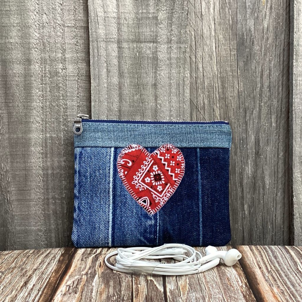 Upcycled Denim Coin Purse – Red Patterned Heart