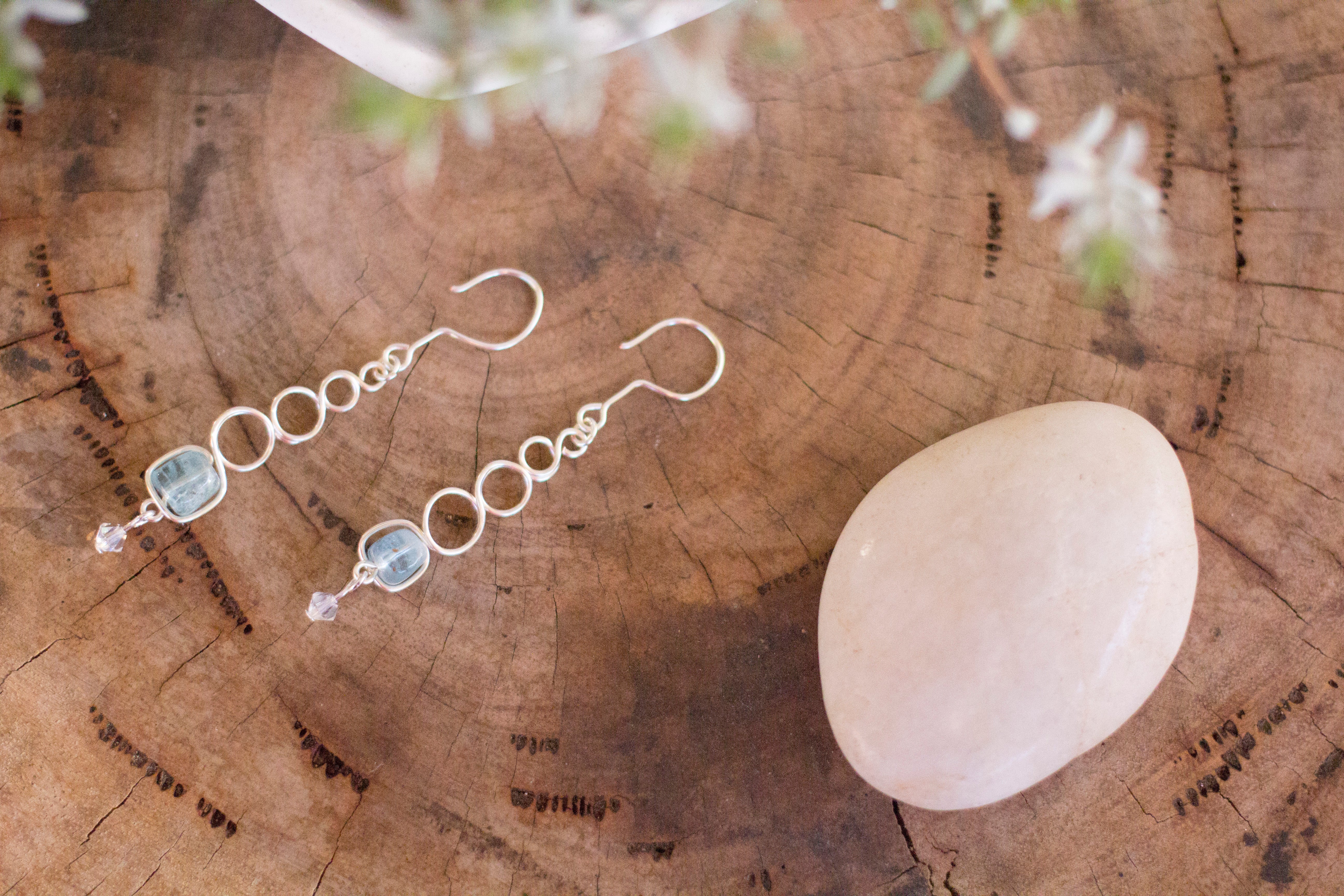 Natural Aquamarine Gemstone Silver Looped Dangle Earrings