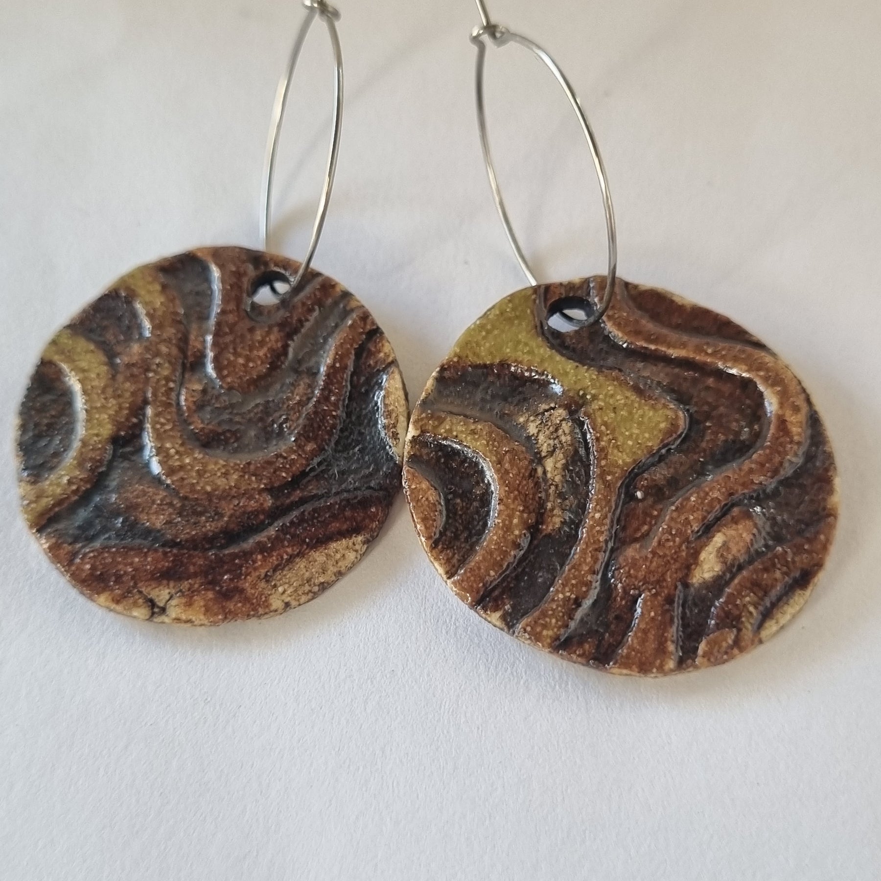 Handmade Stoneware Ceramic Earrings, mustard-brown-black multi-coloured, 35mm diameter, pierced ears