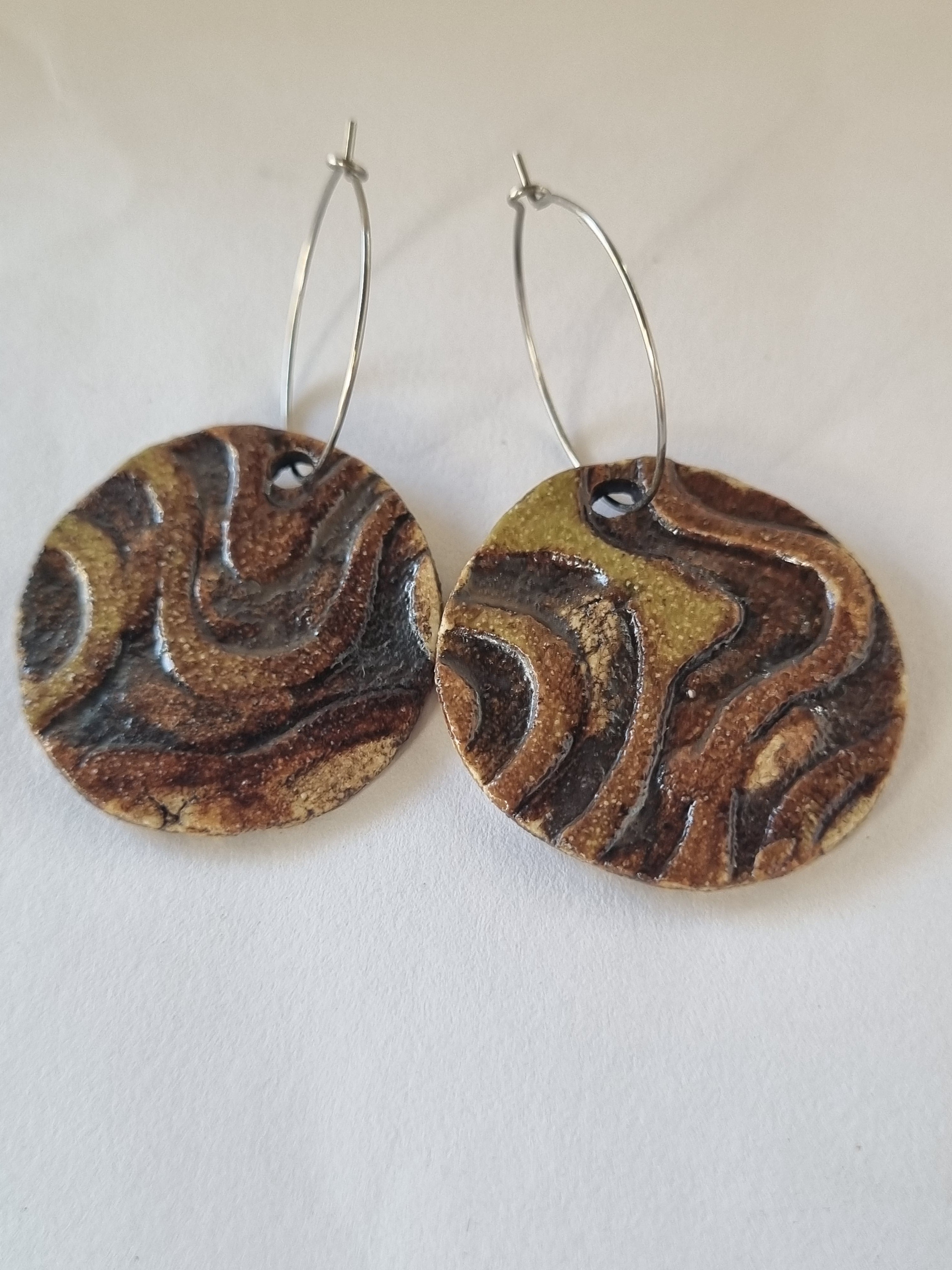 Handmade Stoneware Ceramic Earrings, mustard-brown-black multi-coloured, 35mm diameter, pierced ears