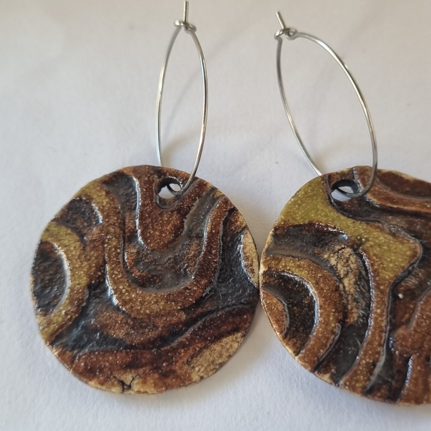 Handmade Stoneware Ceramic Earrings, mustard-brown-black multi-coloured, 35mm diameter, pierced ears