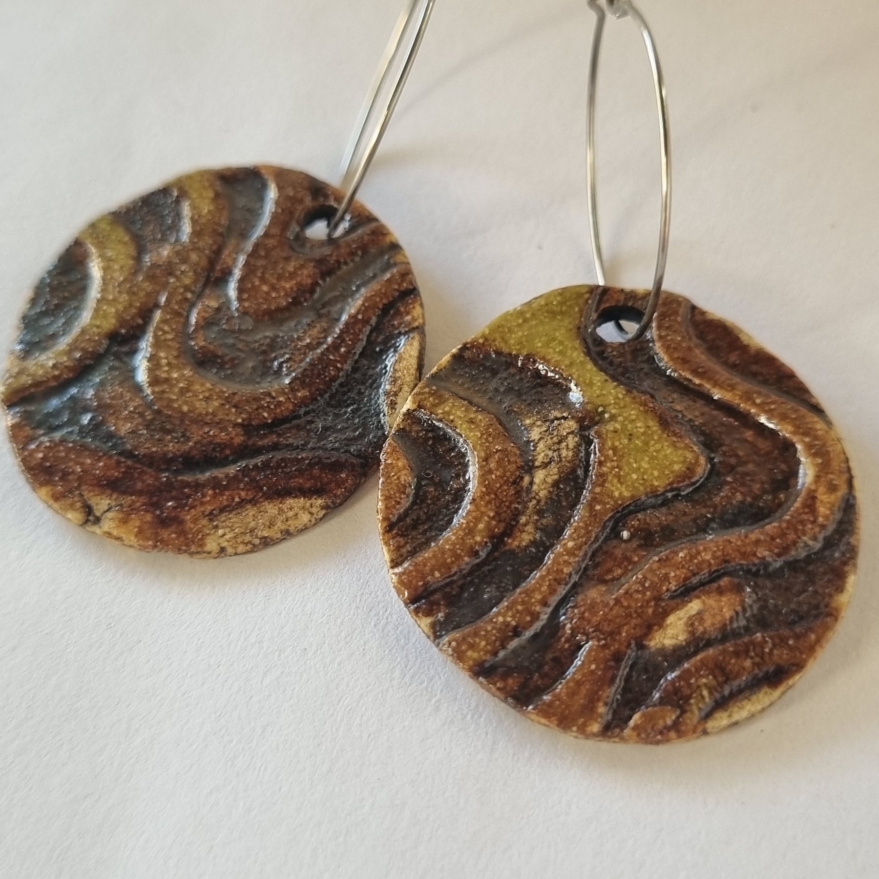Handmade Stoneware Ceramic Earrings, mustard-brown-black multi-coloured, 35mm diameter, pierced ears