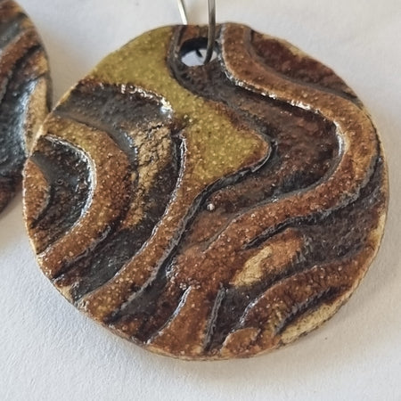 Handmade Stoneware Ceramic Earrings, mustard-brown-black multi-coloured, 35mm diameter, pierced ears