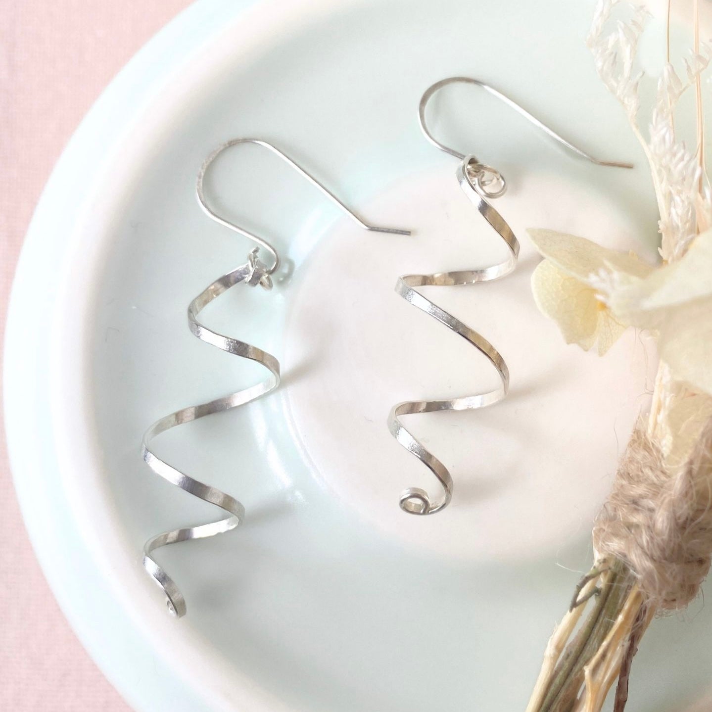 Long spiralling dangle earrings | Sterling silver | Wire jewellery