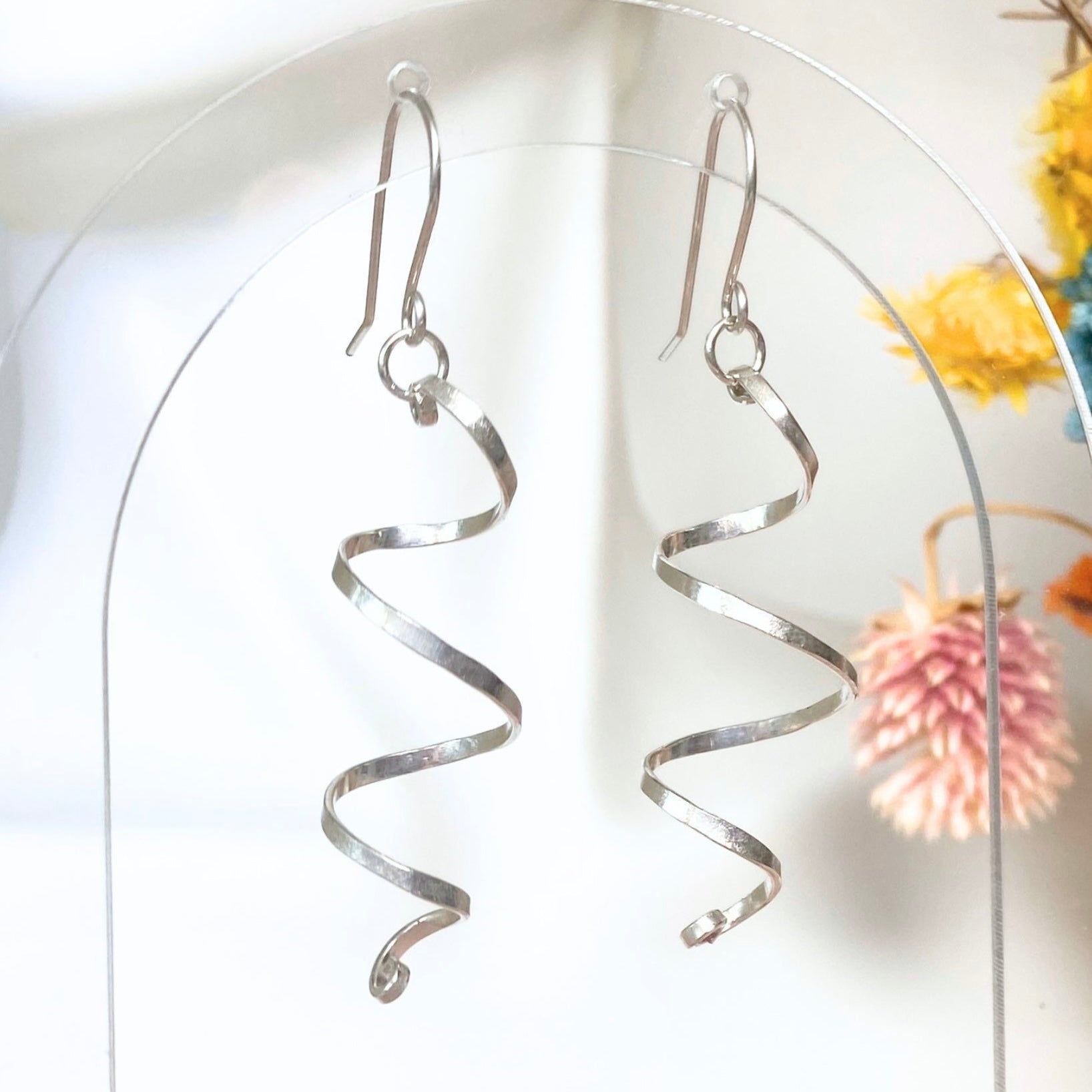 Long spiralling dangle earrings | Sterling silver | Wire jewellery