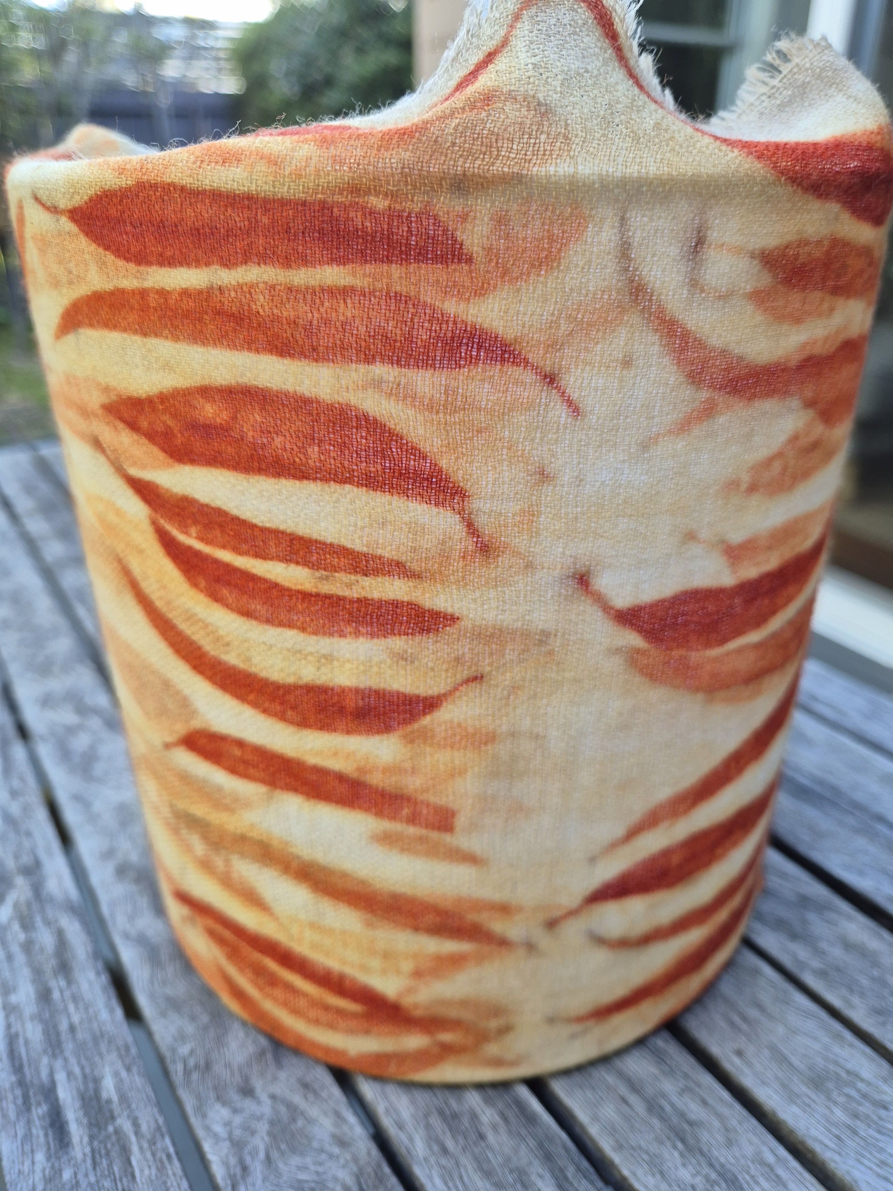 SOLD...Unique lamp shade with hand printed eucalyptus leaves