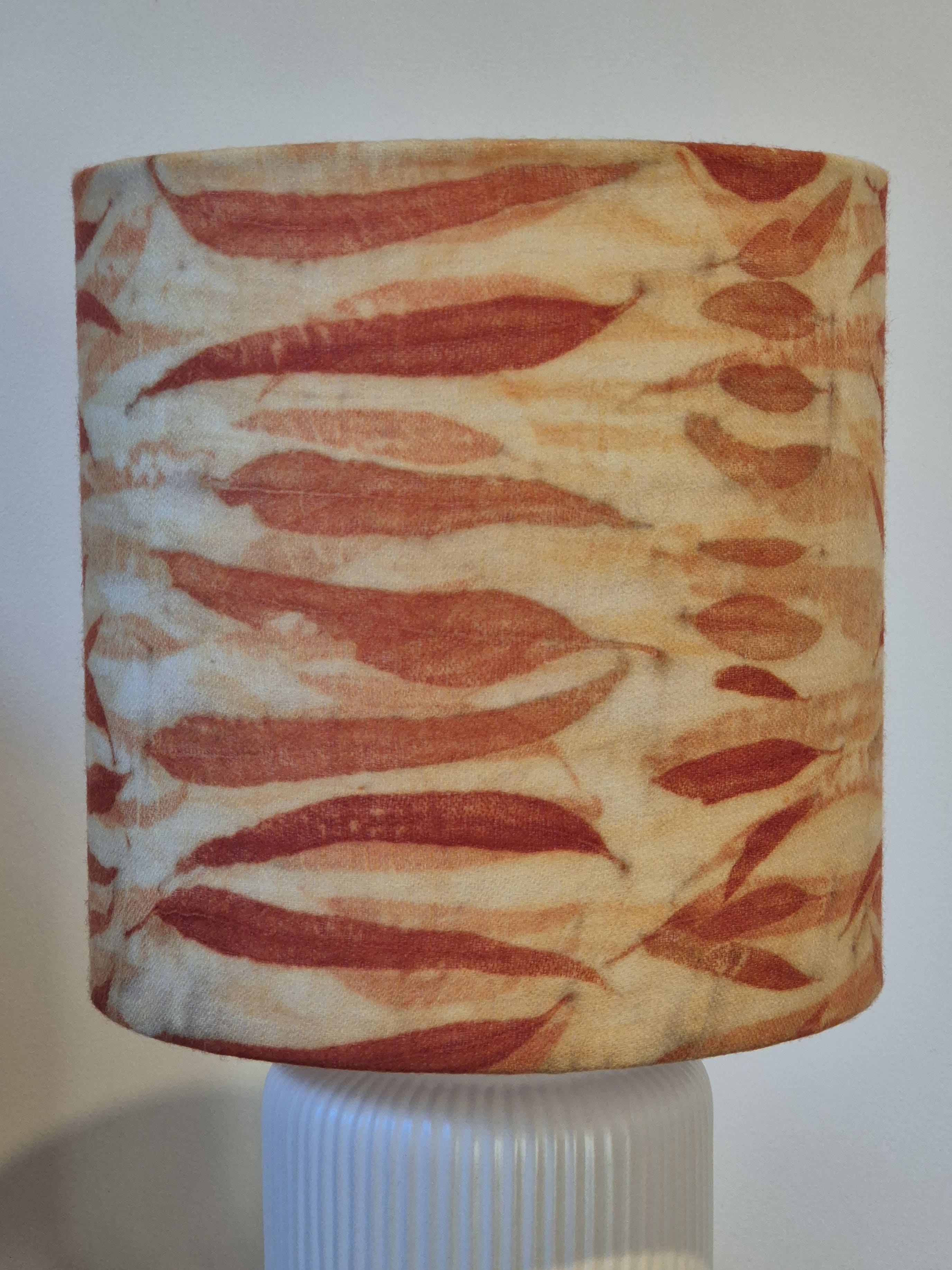Unique lamp shade with hand printed eucalyptus leaves