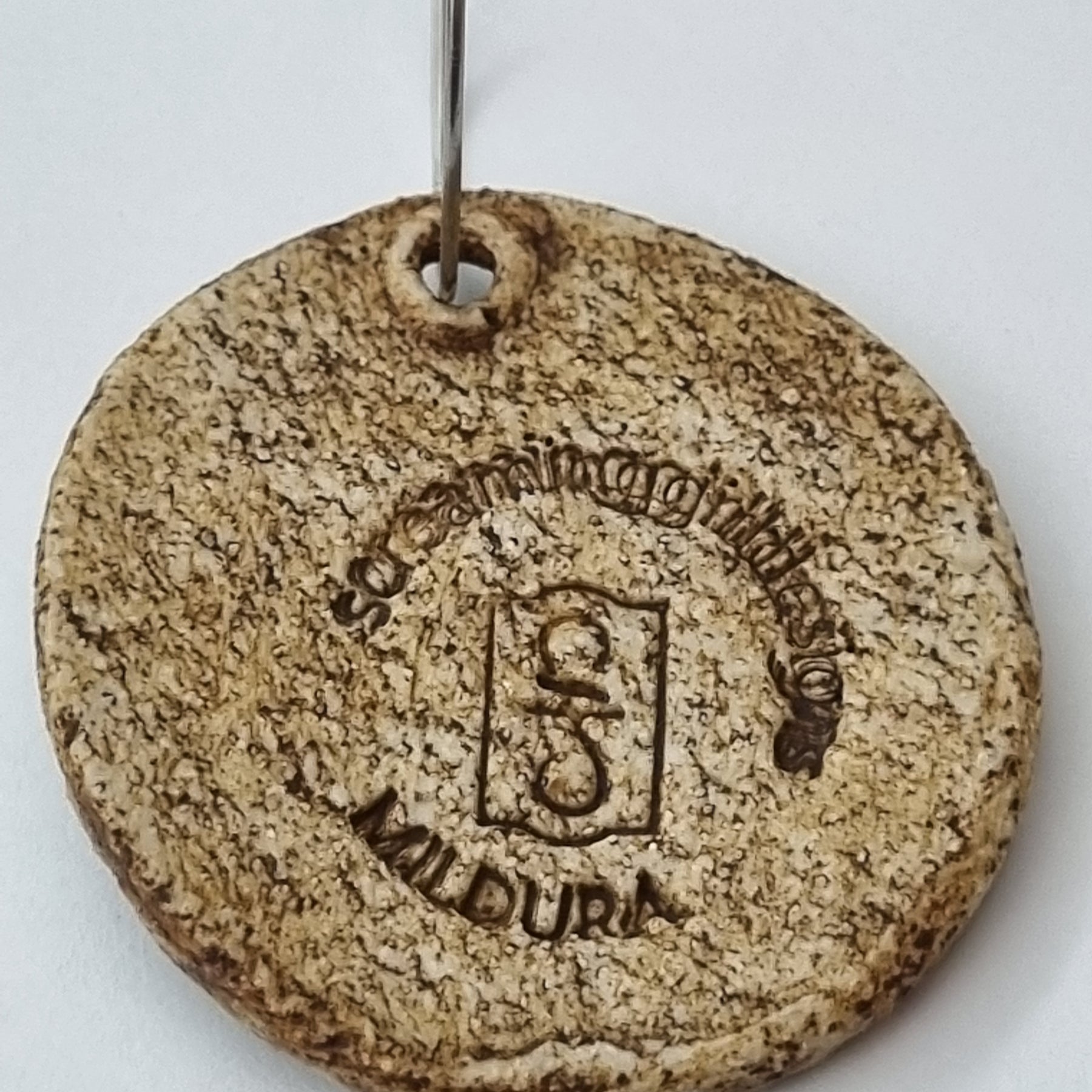 Handmade Stoneware Ceramic Earrings, muted green lattice multi-coloured, 35mm diameter, pierced ears