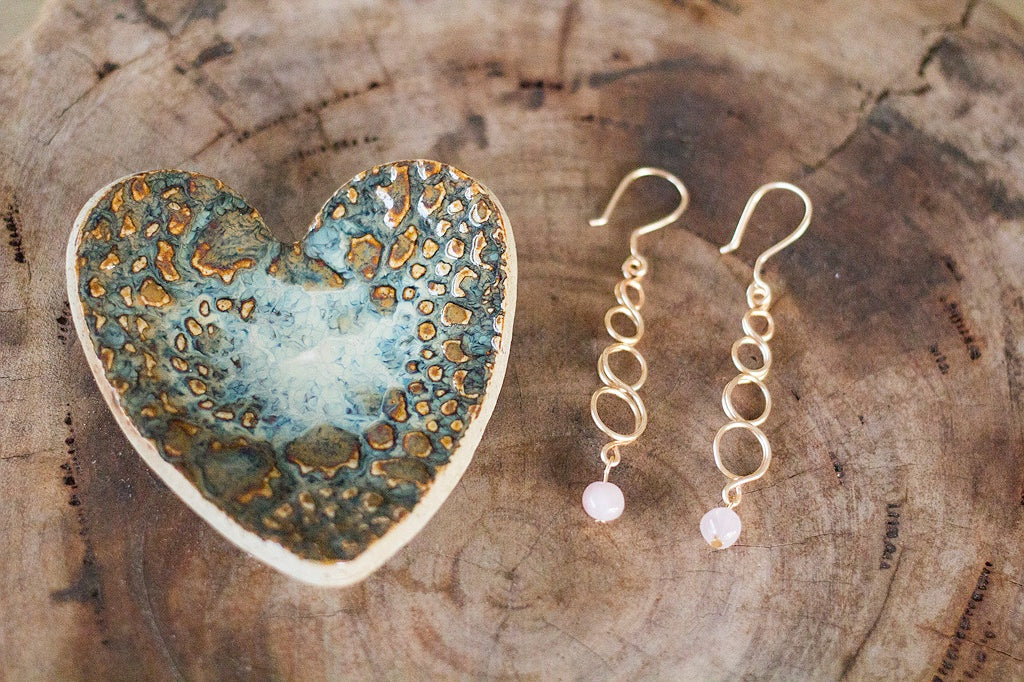 Natural Rose Quartz Gemstone Gold Earrings | Crystal Jewellery