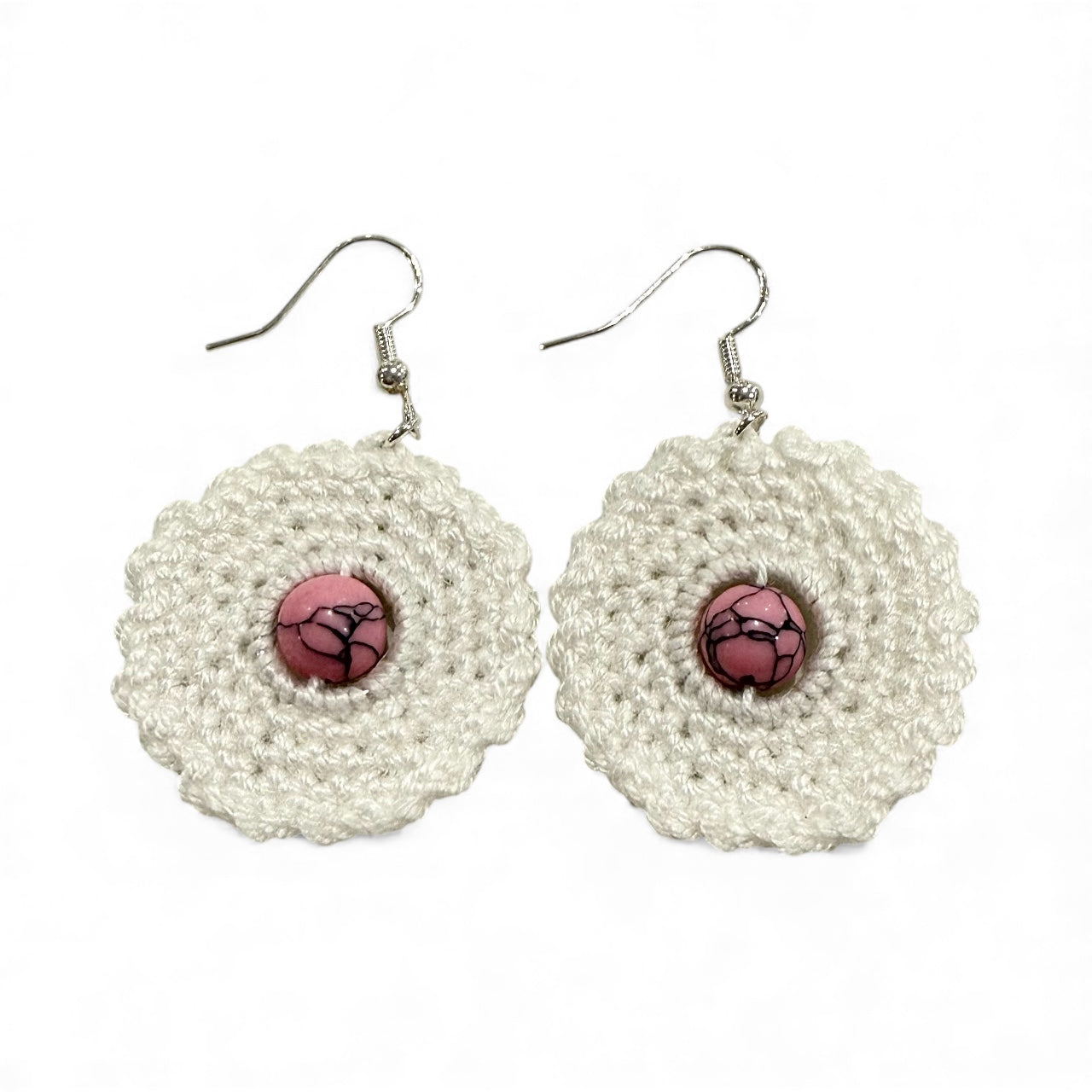 Crochet Earrings - White with Pink Turquoise Beads