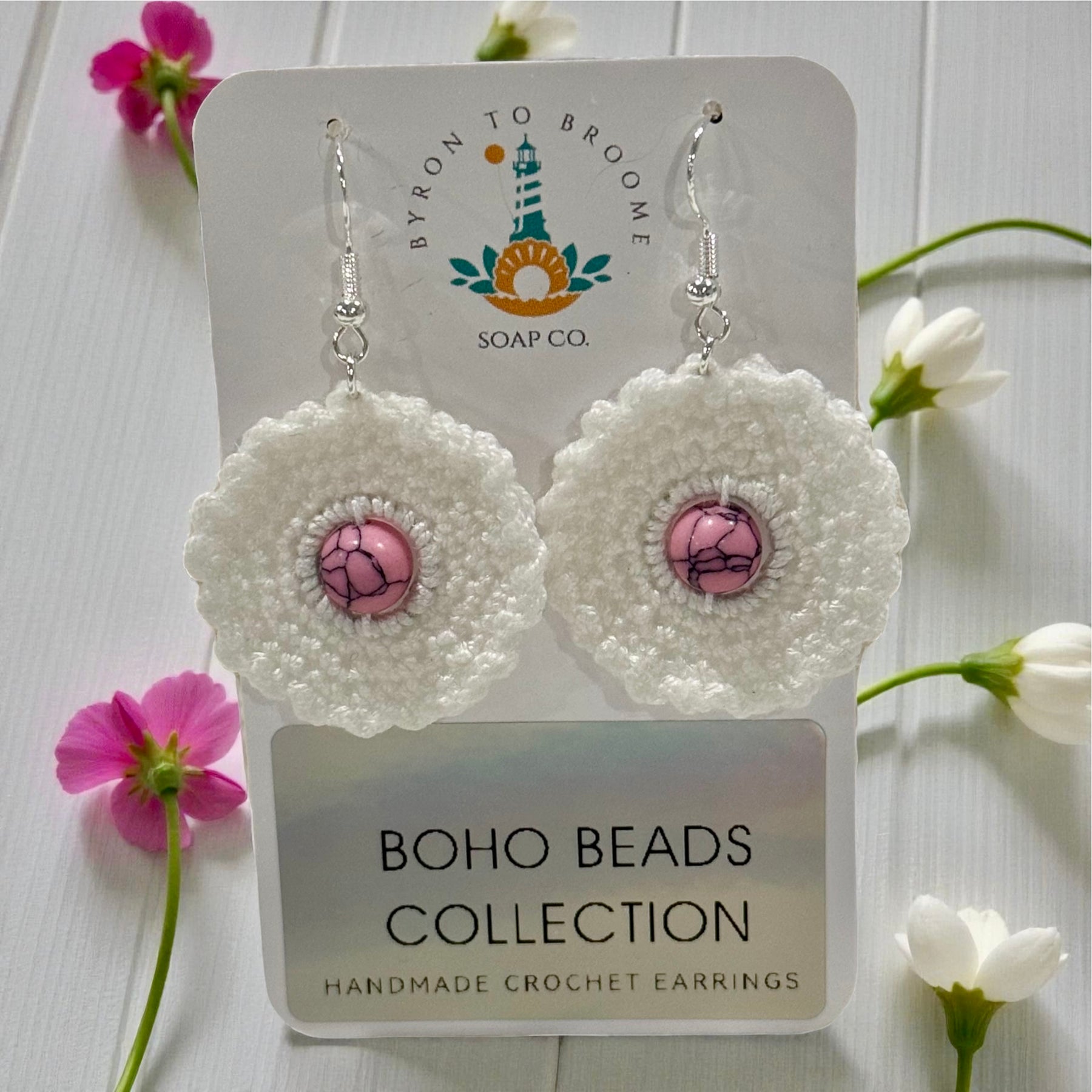 Crochet Earrings - White with Pink Turquoise Beads